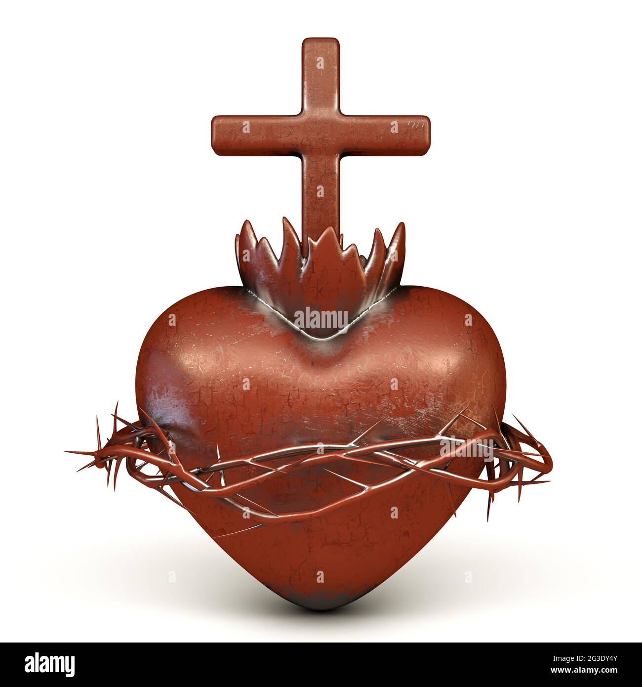 Une coulée en fer très rétroéclairée du coeur sacré de jésus peint en rouge sur un fond isolé - rendu 3D Banque D'Images