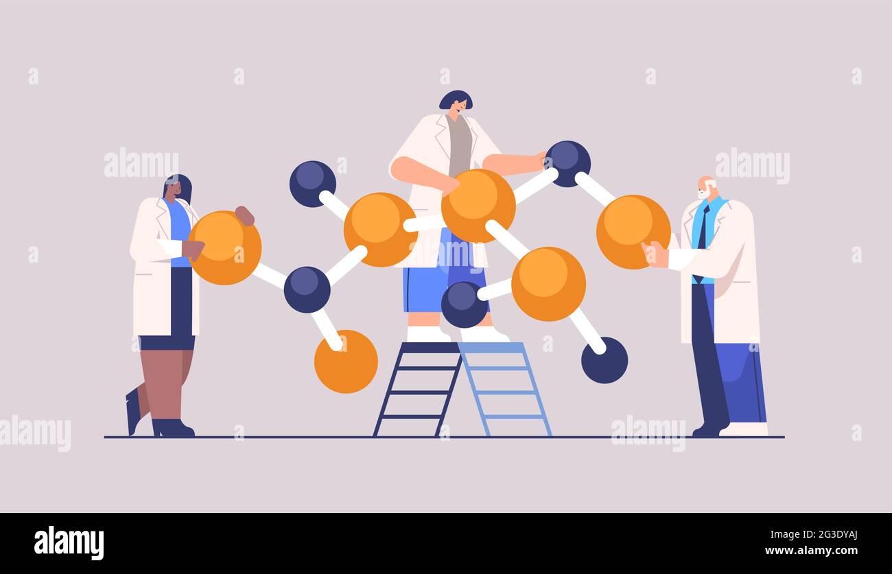 mix scientifique de recherche de race travaillant avec des chercheurs de structure moléculaire faisant des expériences chimiques en laboratoire Illustration de Vecteur