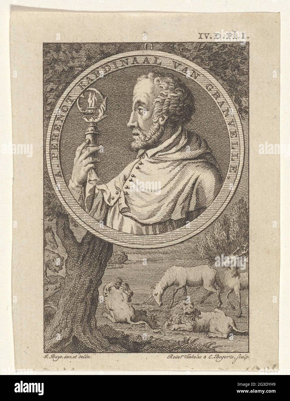 Portrait d'Antoine Perrenot Cardinal de Granvelle. Portrait d'Antoine Perrenot Cardinal de Granvelle, Ministre de Charles V et de Philips II et Cardinal-Archevêque de Mechelen. Sous le portrait un paysage avec une licorne, un cerf et deux lions couchés. En haut à droite : IV.d.pl.i. Banque D'Images