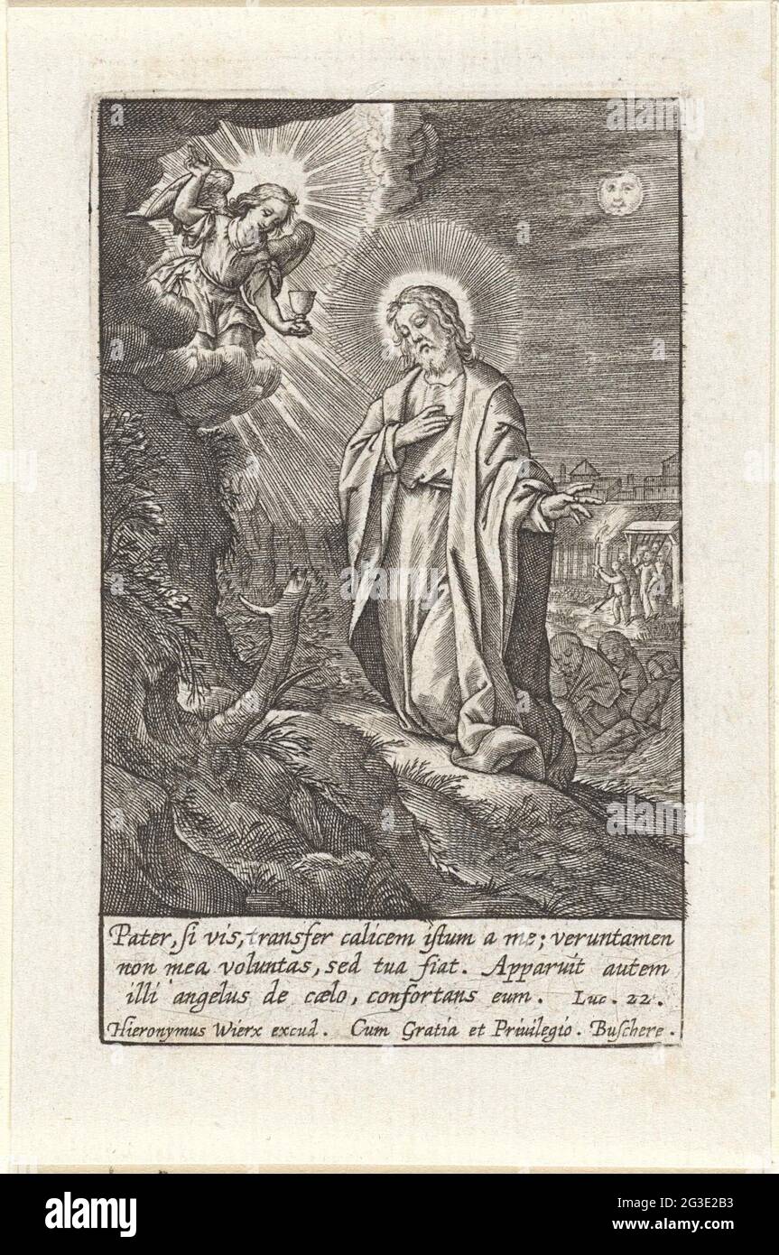 Christ dans la cour de Getemane; passion du Christ; Passio Domini Nostri IESV Christi. Le Christ prie dans la cour de Getemane. Un ange apparaît du ciel avec un calice. Ses étudiants dorment en arrière-plan. Judas entre dans le jardin par la porte et indique les soldats où le Christ prie. Dans la marge une citation de la bible à trois pattes de Luc. 22 en latin. Banque D'Images