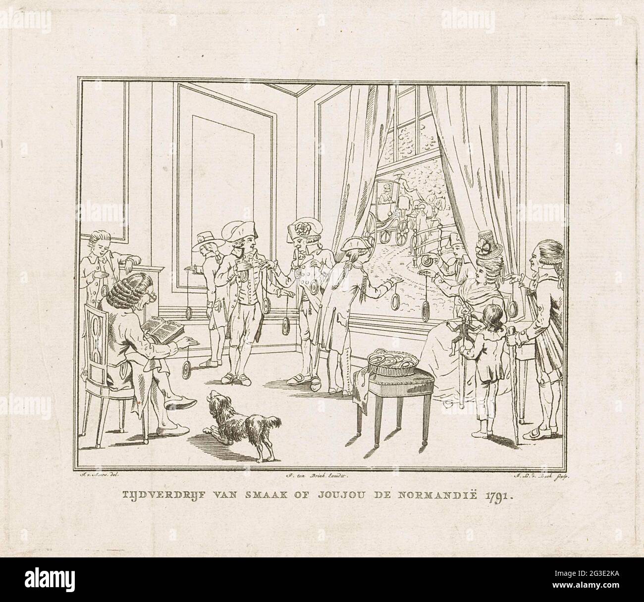 Intérieur avec des hommes et des femmes qui dissipent leur temps avec Jojo's, 1791; Pastow of Taste ou joujou de Normandie 1791. Intérieur avec les hommes et la femme de noblesse qui ont passé leur temps avec Jojo, 1791. Un enfant joue avec une poupée à dessin. Banque D'Images