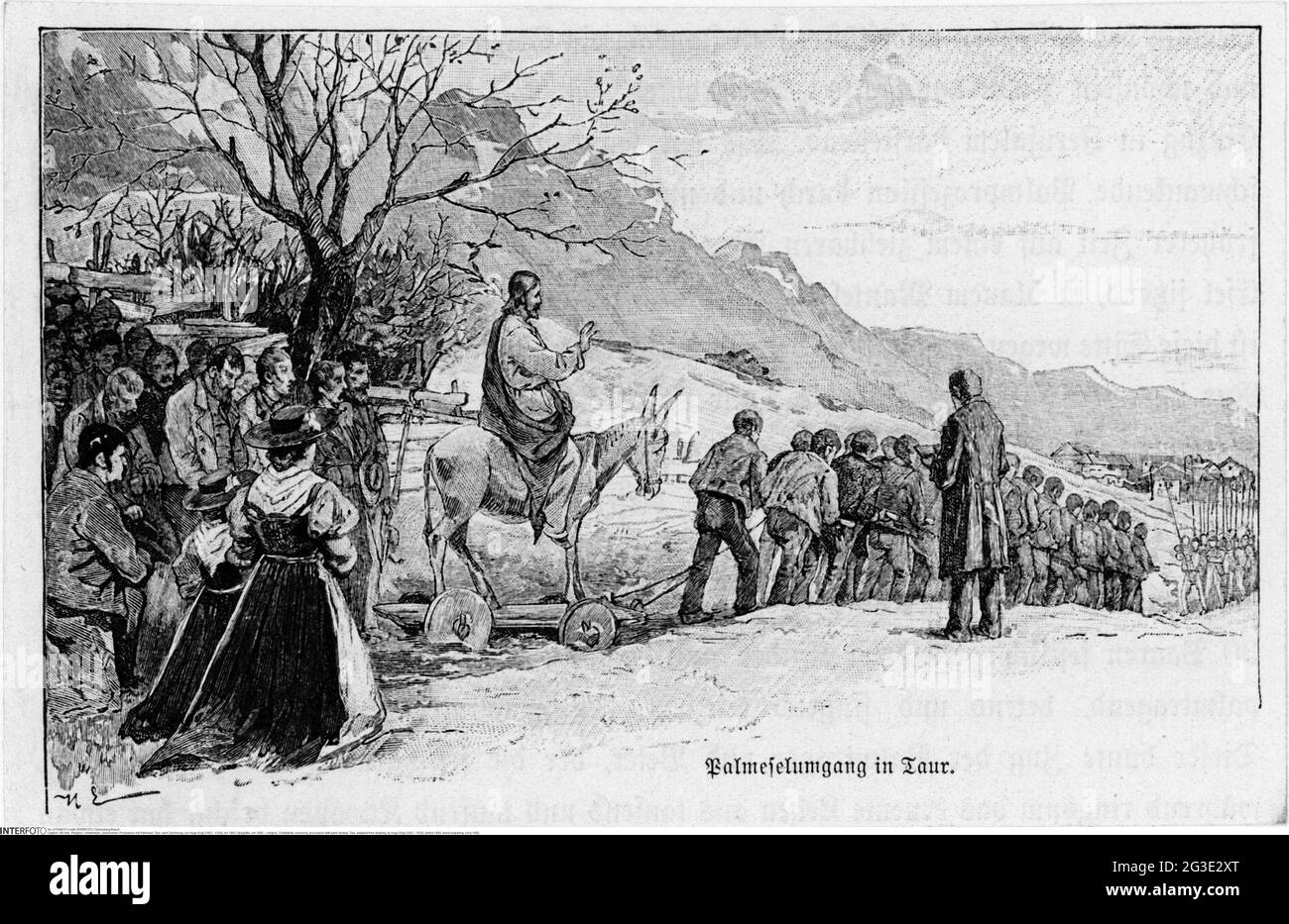 Religion, Christianisme, cérémonie, procession avec l'âne de palmier, Taur, adapté du dessin, LE DROIT D'AUTEUR DE L'ARTISTE NE DOIT PAS ÊTRE EFFACÉ Banque D'Images