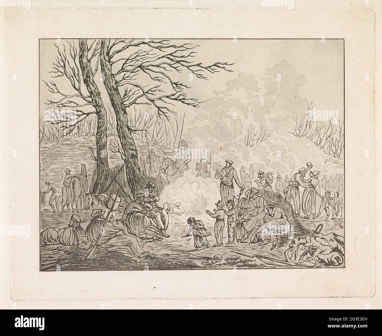 Sac cosaque Bivouac. Bivouac de Cosaques, à un mur de ville entre arbres,  pendant leur séjour aux pays-Bas en novembre 1813. Au milieu de deux grands  arbres, quelques cosaques sont assis autour