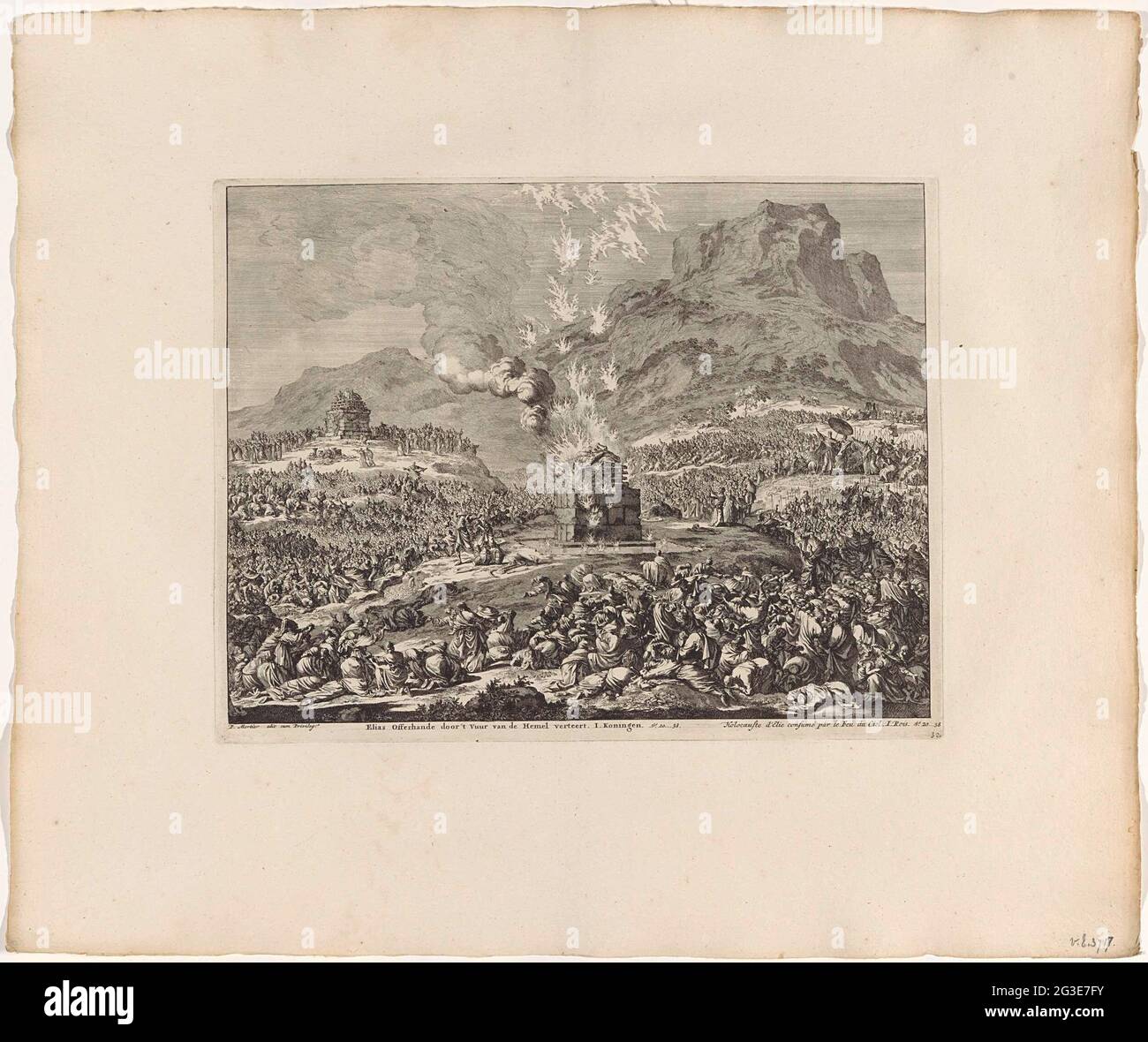 Offre van Elia digéré par le feu; Elias Offerhande à travers le feu de la digère du ciel. L'autel avec le sacrifice d'Élie est enflammé par Dieu comme un signe de sa puissance. À gauche, les sacrificateurs baall ont essayé de brûler leur sacrifice en vain. Sur les genoux à droite Élie pendant qu'il appelle Dieu. Banque D'Images