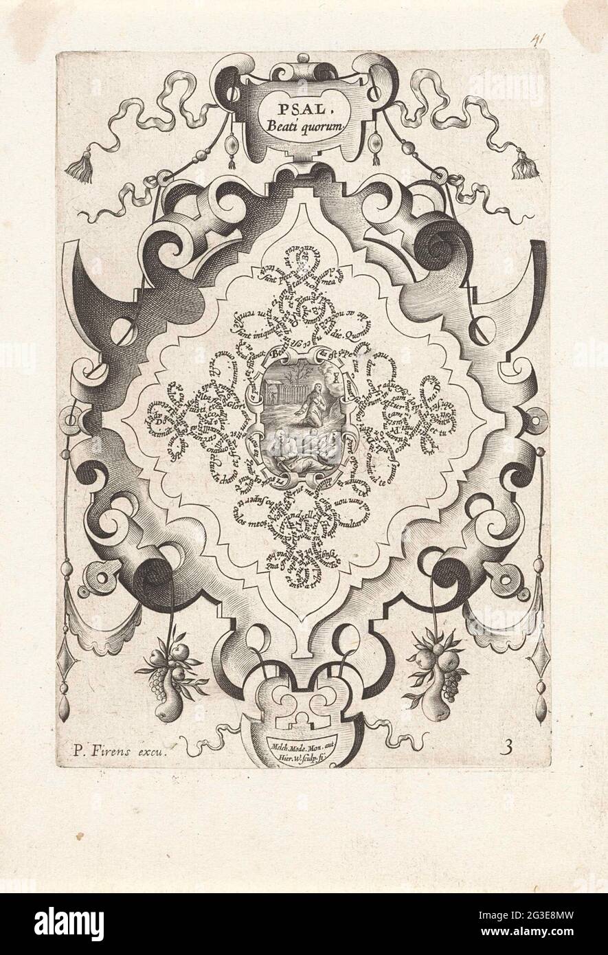 Christ dans la cour de Getemane; les sept agents pénaux; Septem Psalmi Davidici. Le Christ prie dans la cour de Getemane. Un calice apparaît du ciel. Petrus, Johannes et Jacobus dorment au premier plan. En arrière-plan, Judas mène un groupe de soldats à travers la porte intérieure. La performance est prise dans une cartouche et placée au milieu du texte psaume imprimé dans un motif de bouton. Banque D'Images