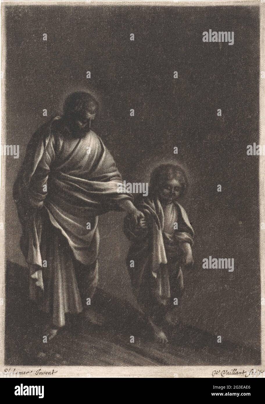 Le Saint Joseph avec l'enfant Christ. Joseph et le Christin marchent sur une route au clair de lune. Banque D'Images