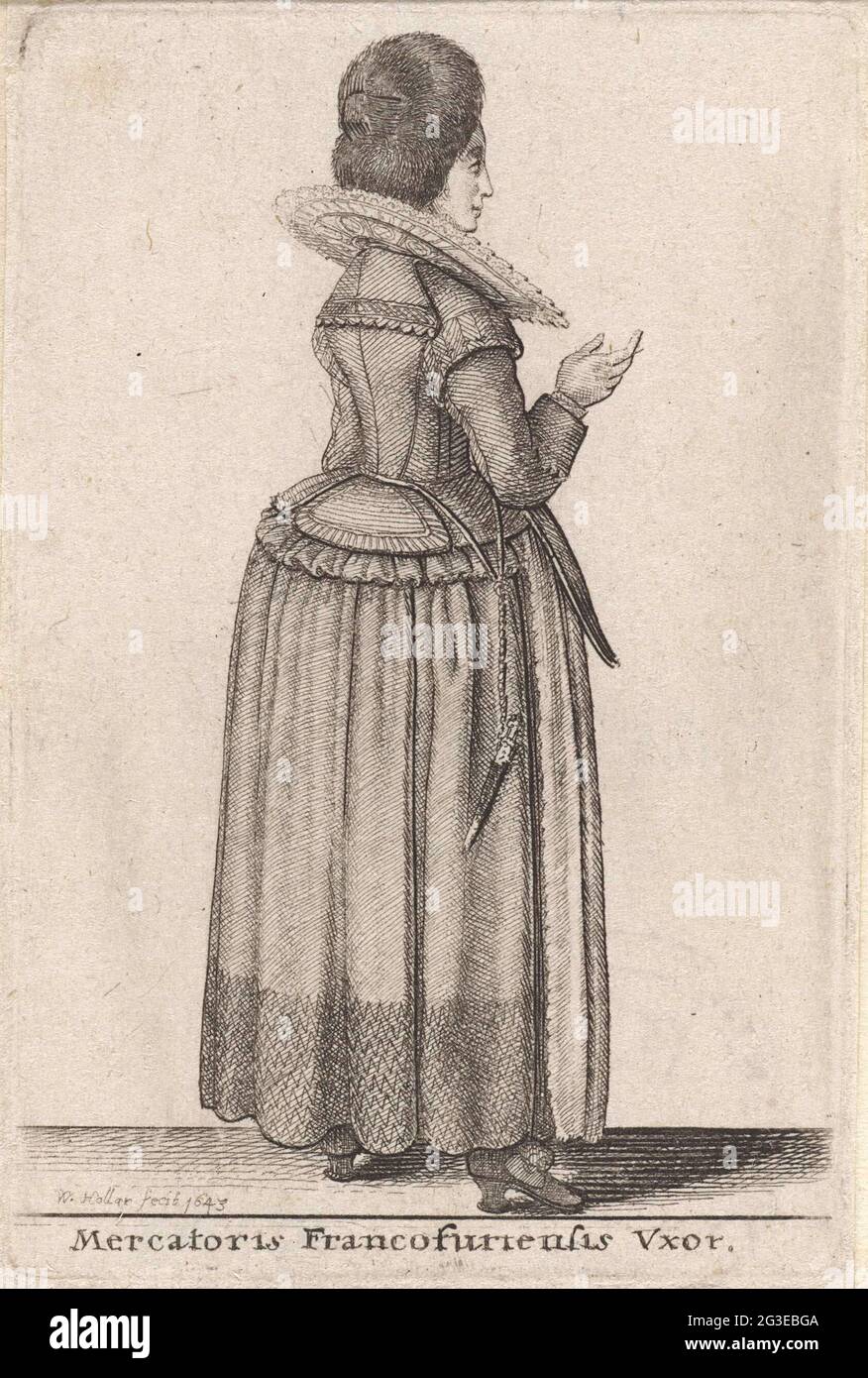 Mercatoris Francofurensis VXOR; femmes européennes en costumes; Theatrum Mechanic. Koopmanswoman de Francfort, vu angle sur le dos, un chapeau de fourrure sur la tête, habillé dans un corsage avec jupe ... sur les hanches. Au-dessus du corsage, un large col exceptionnel sur le côté. Pour faire de l'agent une courroie à laquelle un couteau. Chaussures avec talons, ornées d'une rosette. Banque D'Images