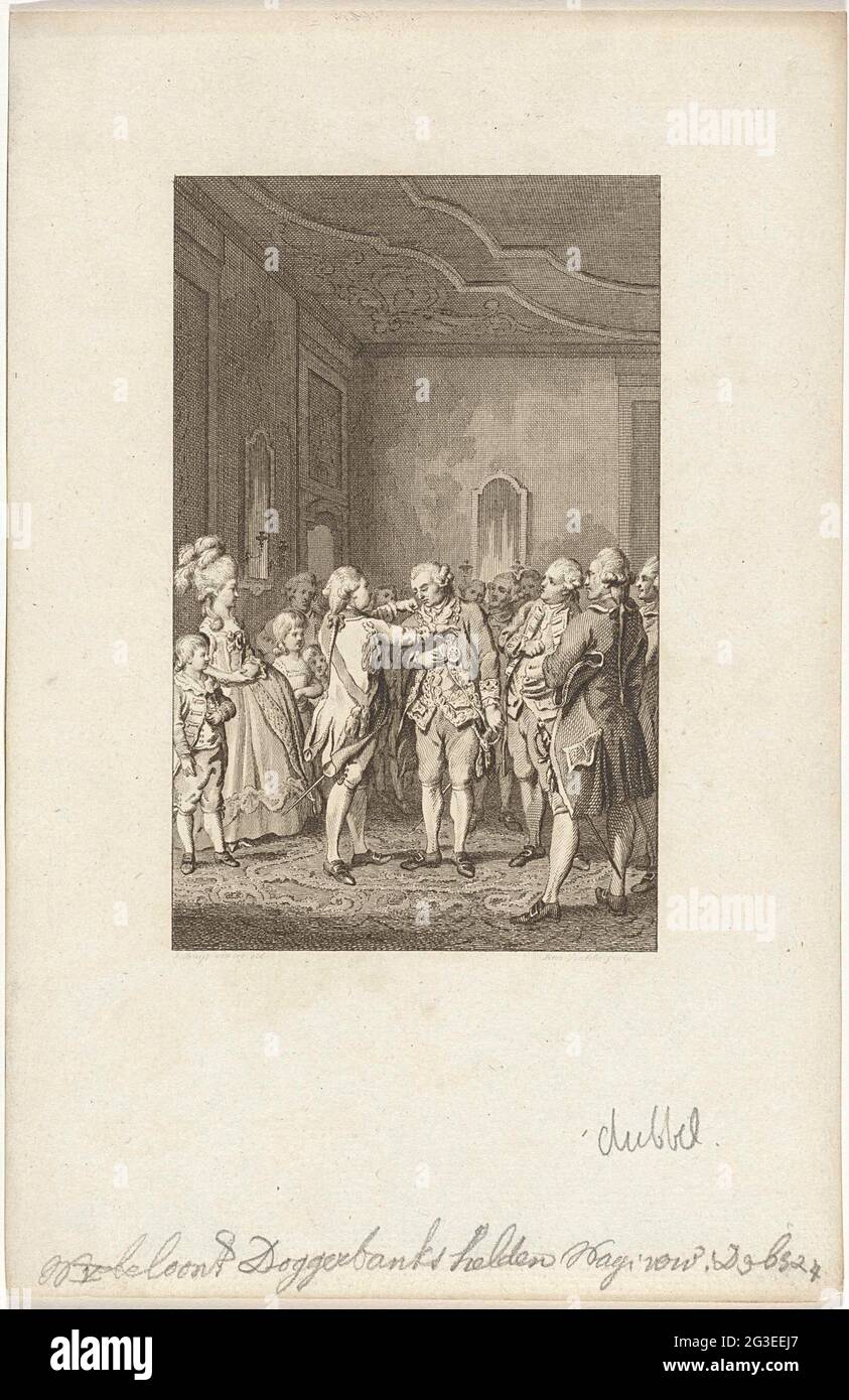 Willem V honore les héros de la bataille maritime à Doggersbank, 1781. Le Prince Willem V récompense le 30 novembre prochain Johan Zoutman avec un tennis commémoratif sur une chaîne d'or, après sa victoire dans la bataille en mer de Doggersbank entre les Hollandais et la flotte britannique le 5 août 1781. Banque D'Images