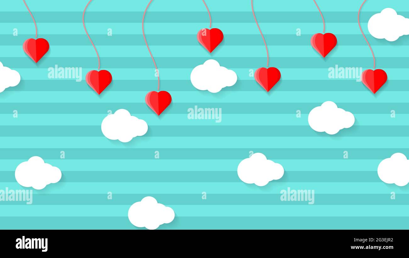 Belle Saint Valentin de papier art design avec coeur ballon et nuages, papier coupé style vector ligne pastel illustration d'arrière-plan Illustration de Vecteur