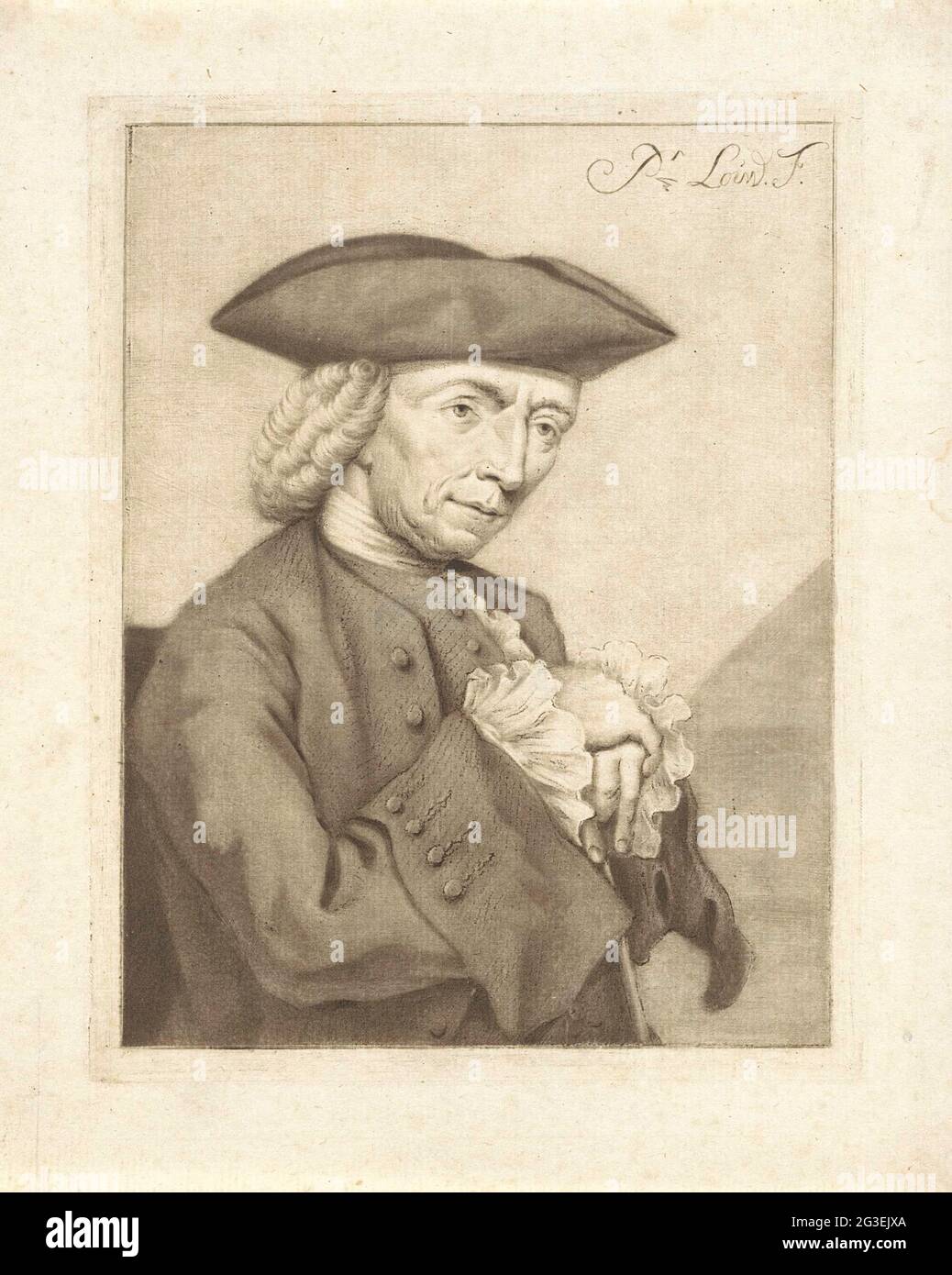 Portrait de Hendrik Spilman. Le dessinateur, dessinateur et peintre Hendrik Spilman. Il a laissé ses mains les unes sur les autres reposer sur son bâton de marche. Banque D'Images