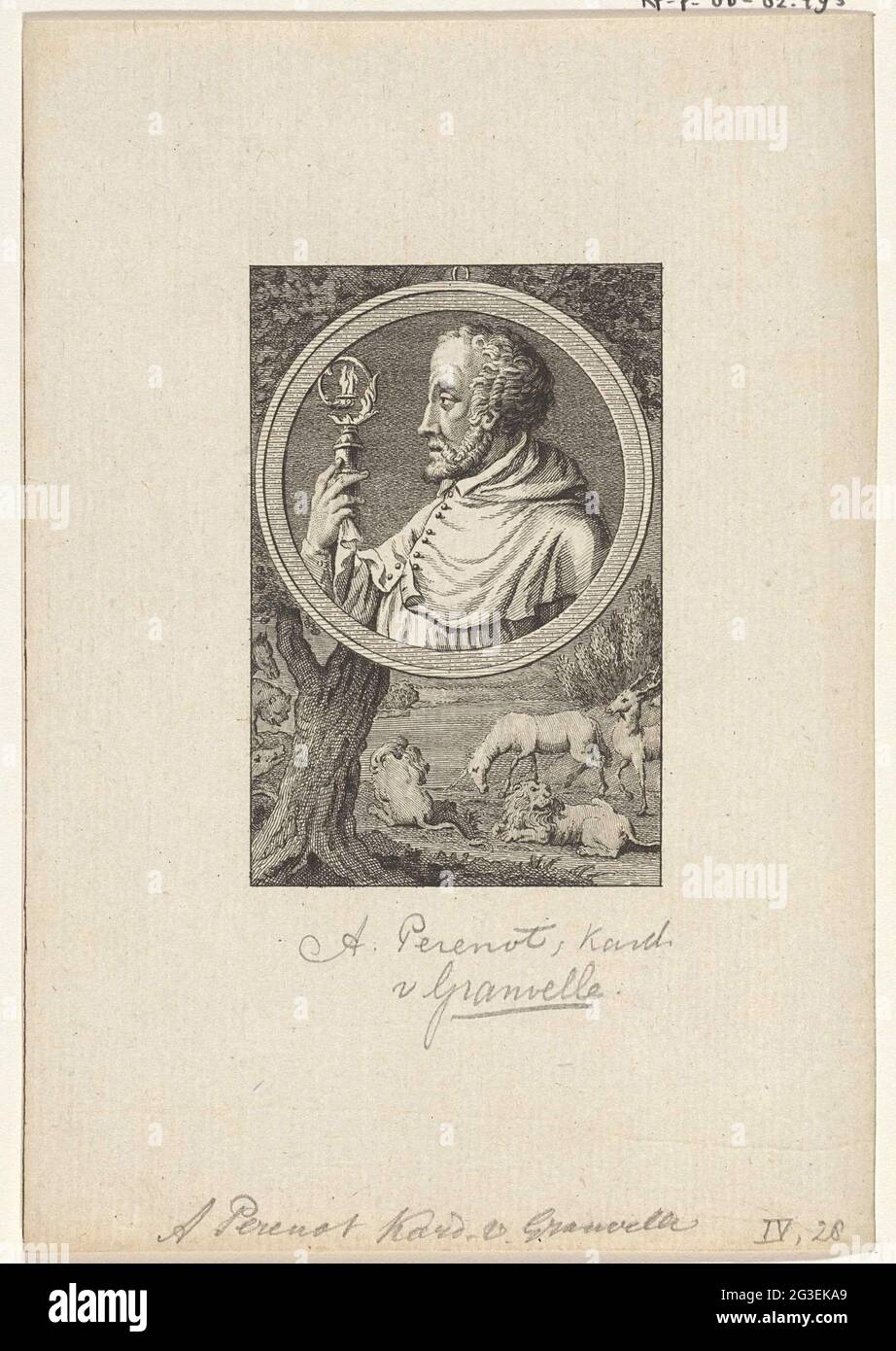 Portrait d'Antoine Perrenot Cardinal de Granvelle. Portrait d'Antoine Perrenot Cardinal de Granvelle, Ministre de Charles V et de Philips II et Cardinal-Archevêque de Mechelen. Sous le portrait un paysage avec une licorne, un cerf et deux lions couchés. Banque D'Images