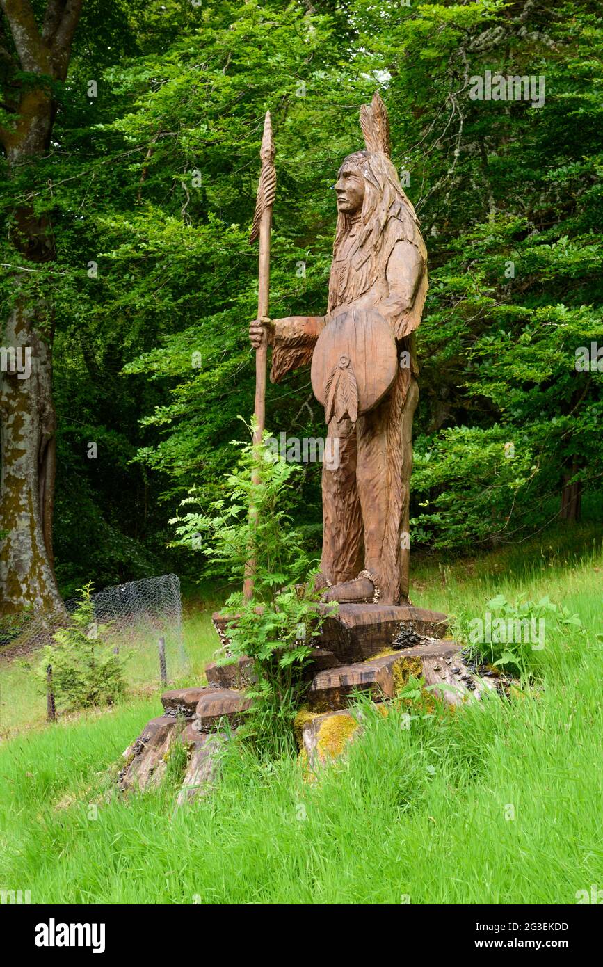 Sculpture indigène nord-américaine par Peter Bowsher au jardin botanique de Dawyck, Stobo près de Peebles dans les frontières écossaises Banque D'Images