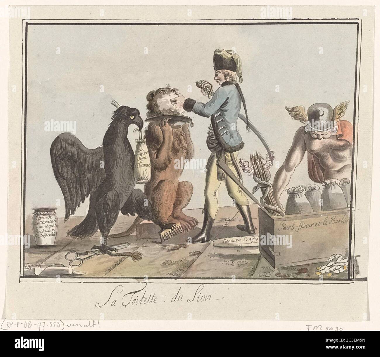 Le lion hollandais est rasé, 1787; la toilette du Lion. Caricature sur la gratification de 500,000 florins à l'armée prussienne pour le 30 octobre 1787 donnée par les États de Hollande. Le lion est rasé par un pretus pour être rasé avec le sabre, tandis que l'aigle prussien tient la jambe sur le peigne et les ciseaux et a un sac avec 'poudre fine A l'Orange' dans sa bouche. À droite, Mercury prend une caisse avec des sacs d'argent et les sept flèches de la République loin comme paiement "pour le Frison et le Barbier". Banque D'Images