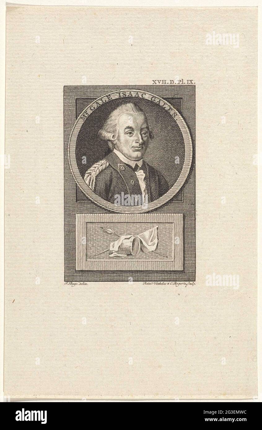 Portrait de Gale Isaac Gales. Portrait du lieutenant-colonel Gale Isaac Gales. Sous le portrait un tambour et une bannière. En haut à droite : XVII.d.pl.ix. Banque D'Images