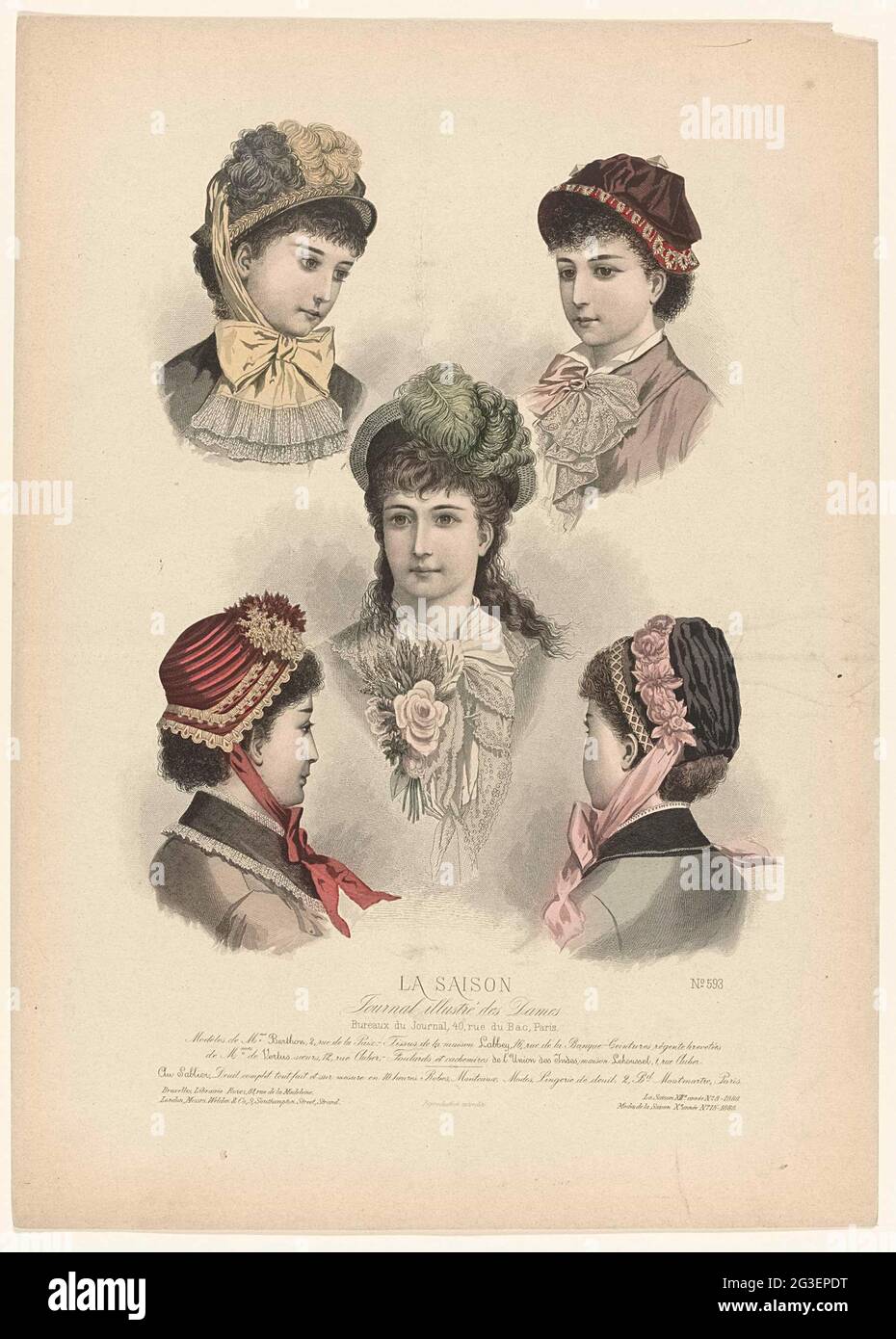 La saison, Journal illustré des Dames, 1880, 13e année, n° 8, n° 593:  Modèles de Mme Berthon (...). Cinq têtes de femme avec différents chapeaux.  Selon la légende: 'Modèles' de Berthon. Ci-dessous