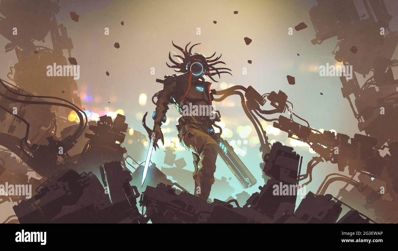homme futuriste avec des armes de haute technologie debout sur les décombres, style d'art numérique, peinture d'illustration Banque D'Images