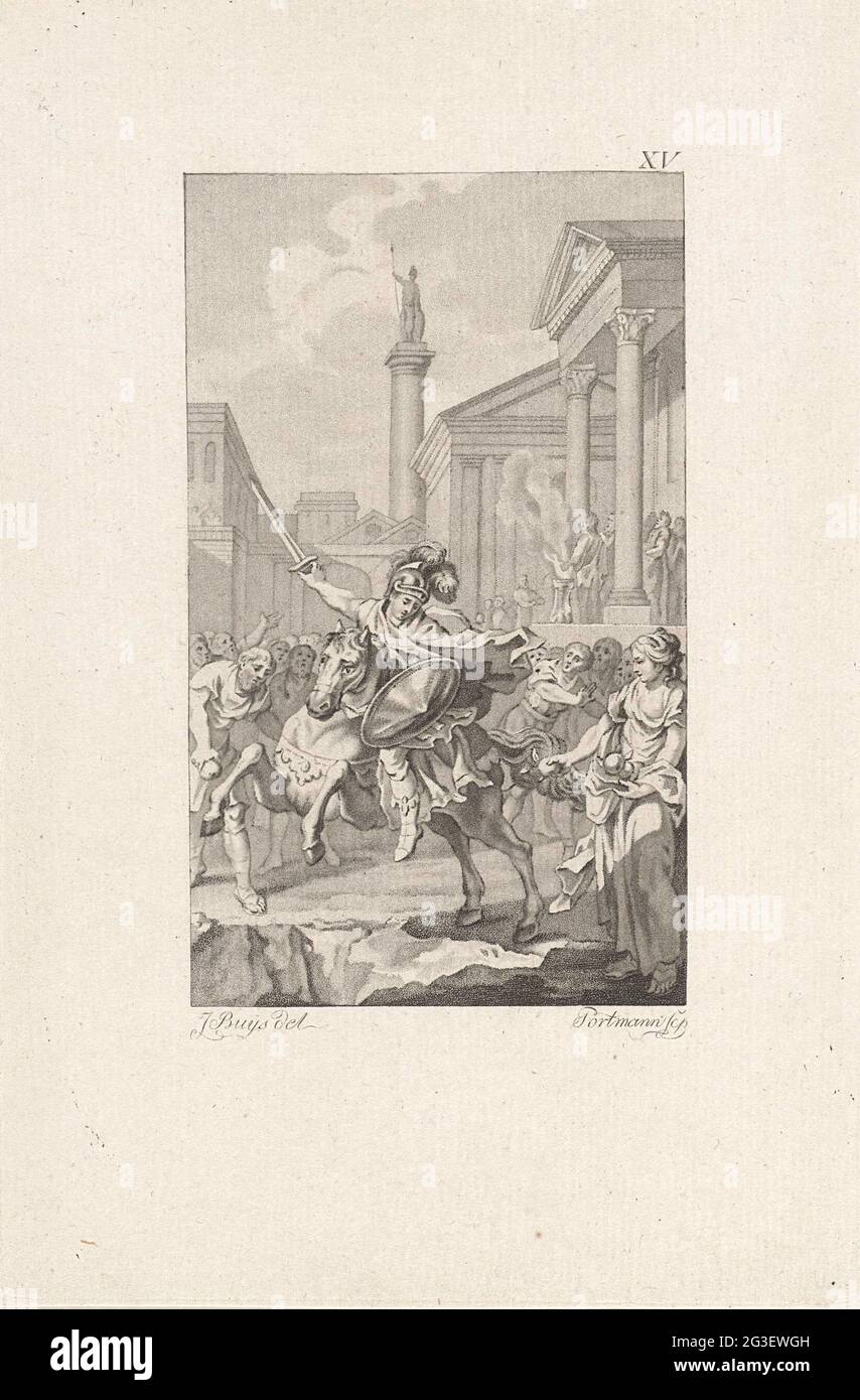 Sacrifice de Marcus Curtius. Le Marcus Curtius tenu par les Romains se dépose dans un vide dans un vide, pour satisfaire les dieux, dans le salut du salut de Rome. Banque D'Images