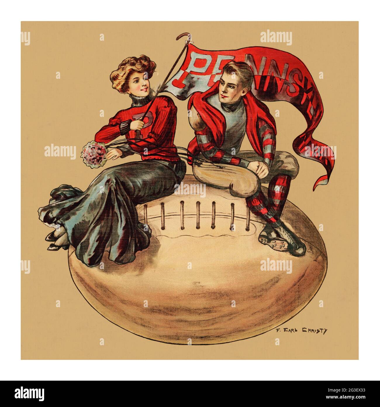 Joueur de football et meneur assis sur un géant de football avec drapeau de Pennsylvanie. Par F. Earl Christy 1907 – Pillow Covers, Université de Pennsylvanie Banque D'Images