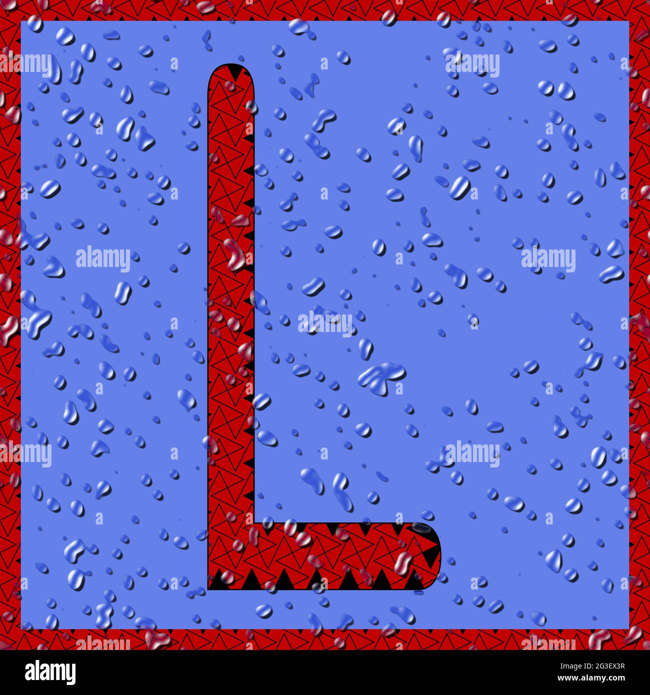 Graphique avec le caractère majuscule OCR L sous forme de monogramme rouge avec gouttes d'eau bleues Banque D'Images