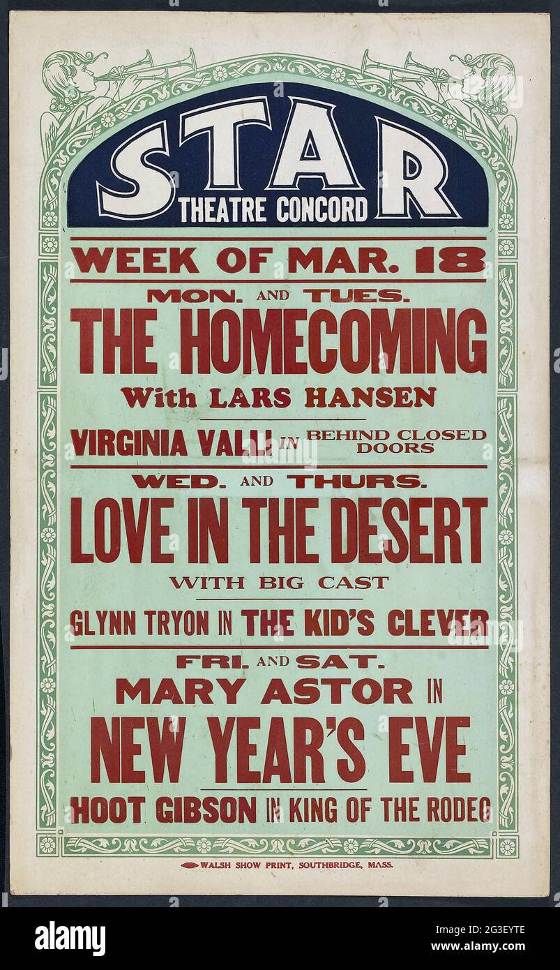 Carte de fenêtre / étiquette Vintage. Star Theatre Concord. Le Homecoming avec Lars Hansen. L'amour dans le désert. Mary Astor à la Saint-Sylvestre. Banque D'Images