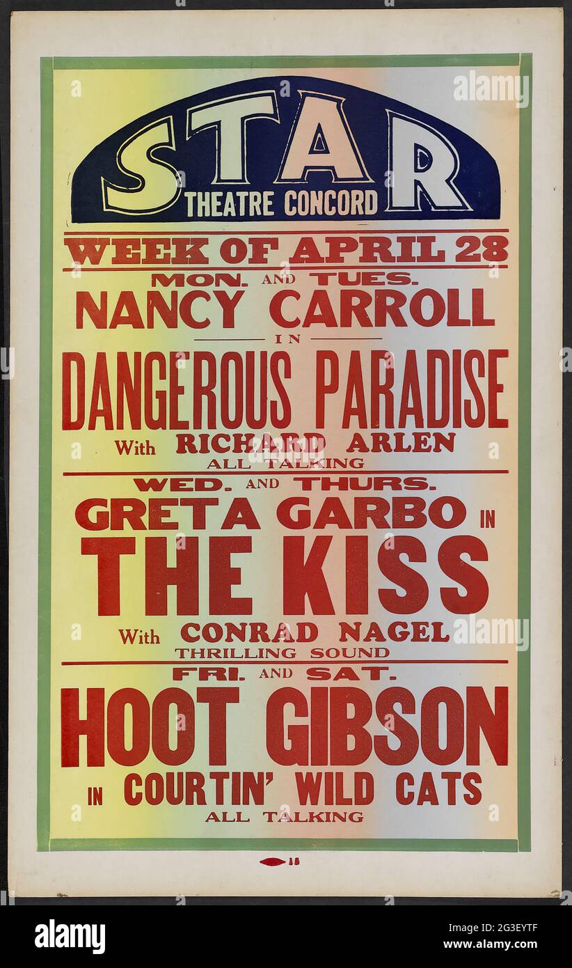 Carte de fenêtre / étiquette Vintage. Star Theatre Concord. Nancy Carroll. Paradis dangereux. GRETA Garbo dans le Kiss avec Conrad Nagel. Banque D'Images
