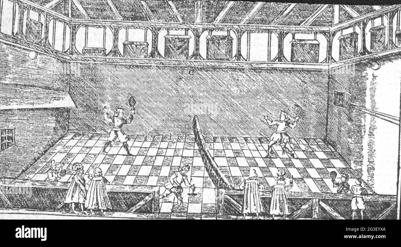 Sports, jeu de Paume, court de tennis de l'Université de Tuebingen, vue de l'intérieur, gravure en cuivre, DROITS D'AUTEUR DE L'ARTISTE N'A PAS À ÊTRE AUTORISÉ Banque D'Images
