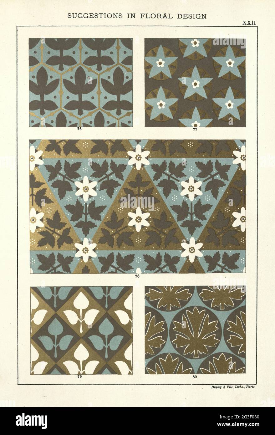 Suggestions en design floral, répétition des motifs floraux en or, blanc, bleu Banque D'Images