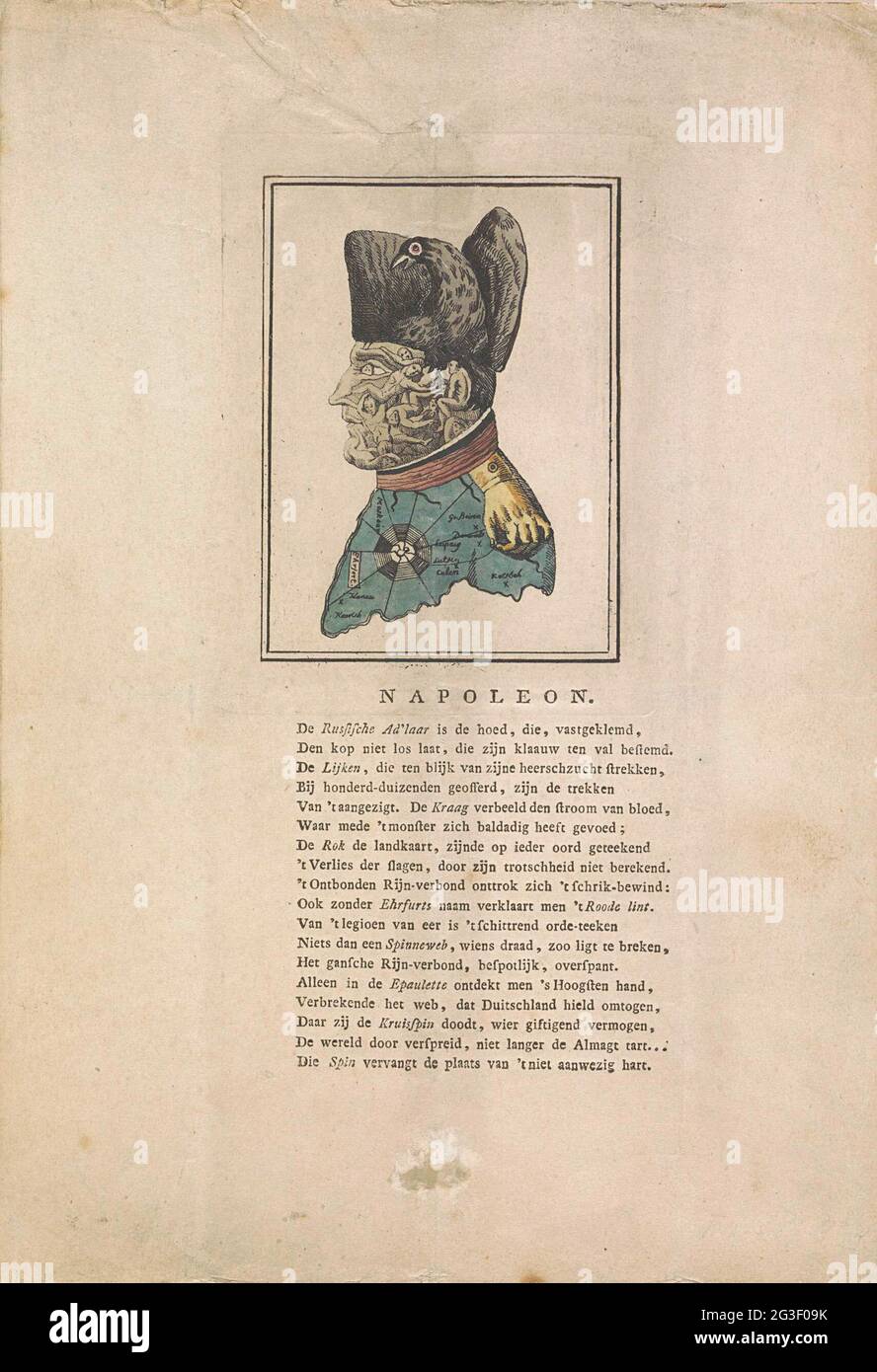 Caricature sur Napoléon, 1813; Napoléon. Caricature sur Napoléon de 1813 où  son visage est composé des cadavres de ses victimes, son chapeau est  l'aigle prussien, son aigle est une main attachant. Le