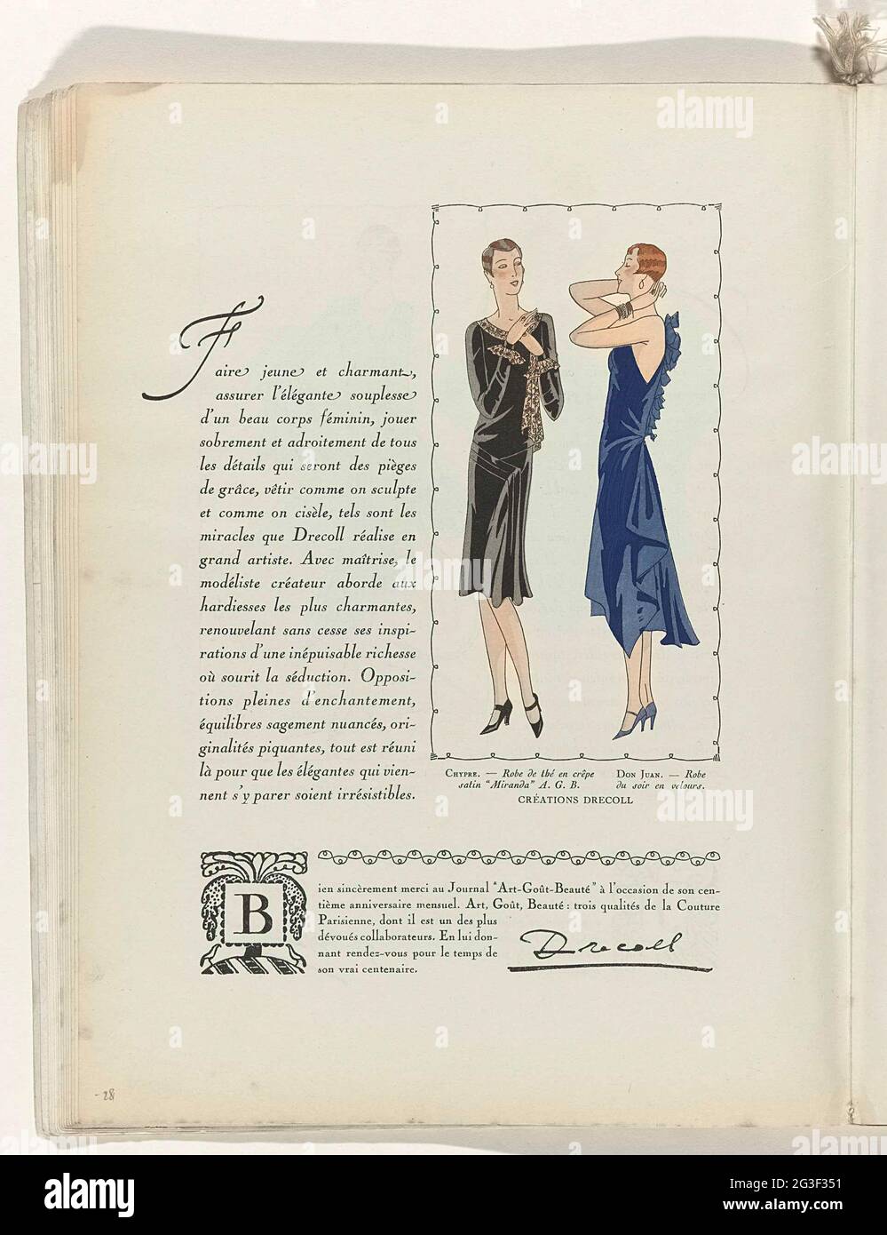 Art - Goût - Beauté, Feuillets de l'élégance Féminine, Noël 1928, no 100,  9e année, p. 28. Texte avec une image de robes DreColl. À gauche: 'Robe de  Thé' (Tea Gown) de '