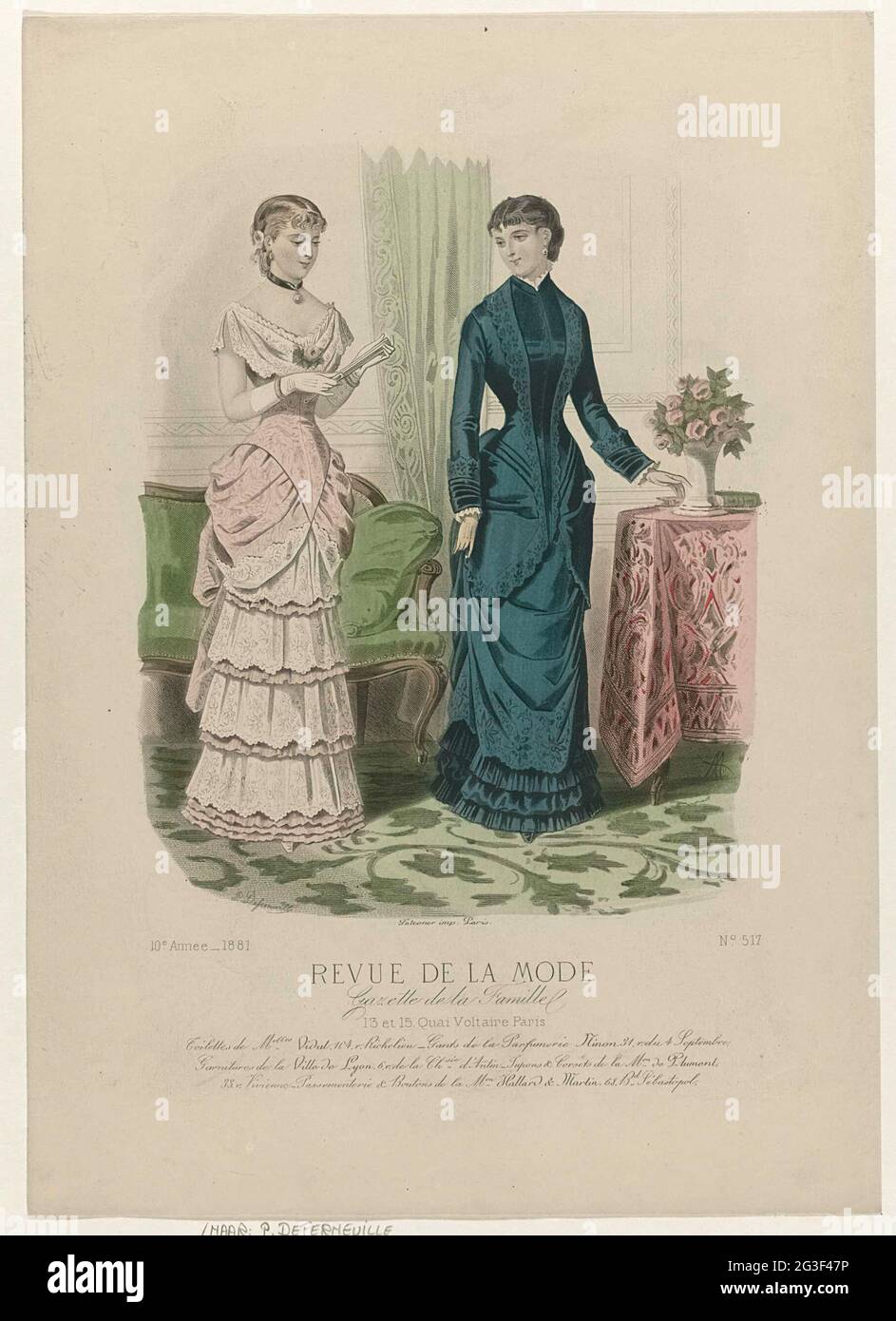Revue de la mode, Gazette de la famille, Dimanche 27 novembre 1881, 10e  année, n° 517: Toilette de Melles Vidal (...). Deux femmes dans un  intérieur, dans la robe vidal. À gauche :