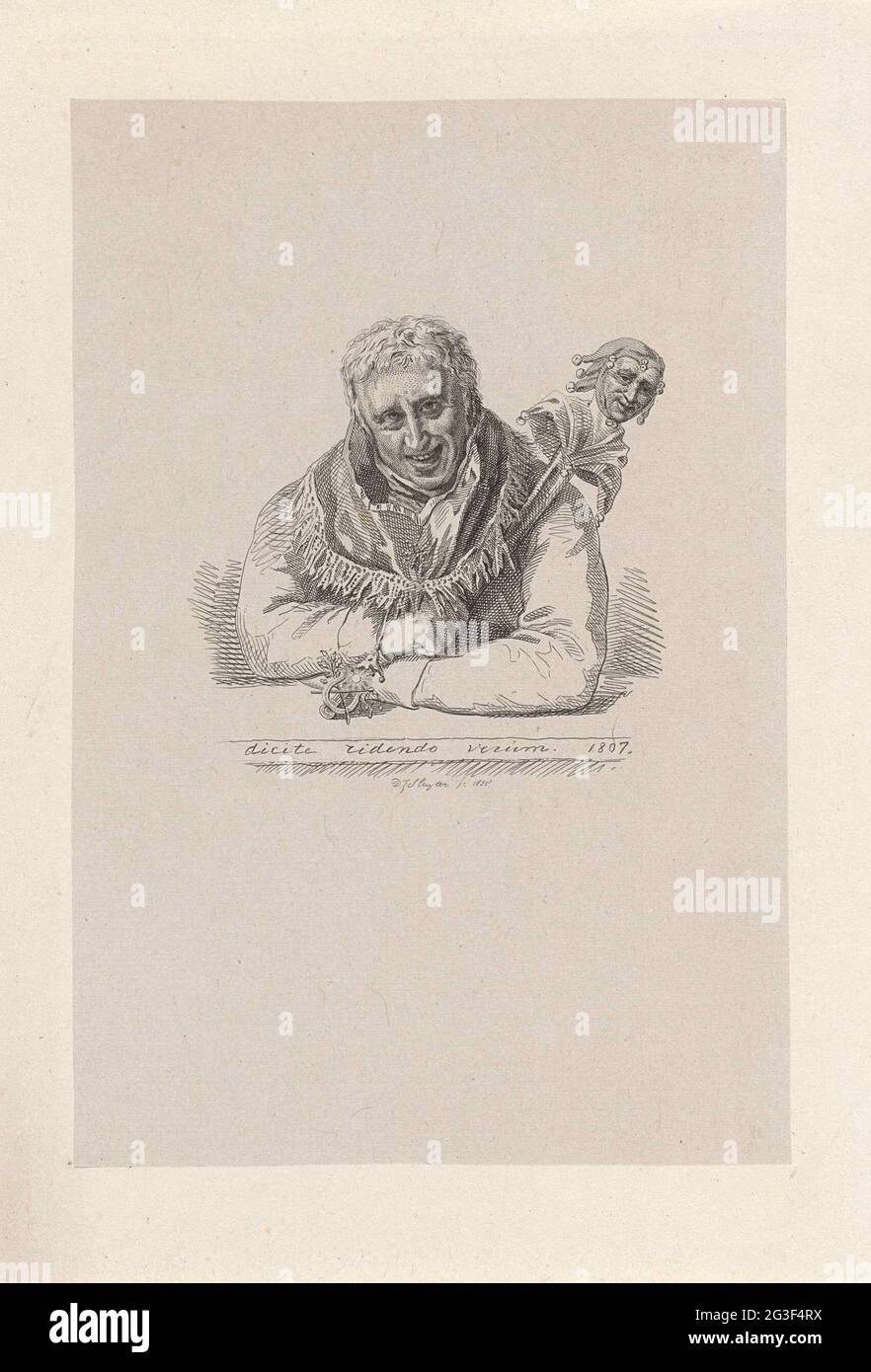 Portrait de Jan van Walré avec une équipe de tir. Portrait de Jan van Walré avec un personnel de jester et un salschap, fait en mémoire de son grand-maître du recensement satyrien Democrite de Haarlem en 1807. Sous le portet, le sens du sens 'dicite Liddo Verum'. Banque D'Images