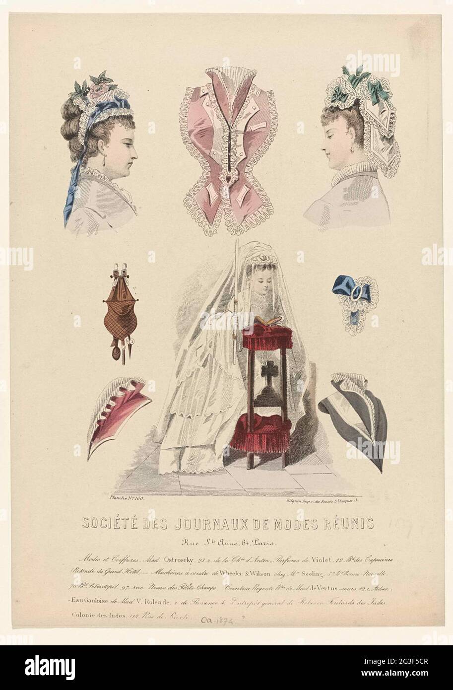 Société des journaux de modes Réunis, ca. 1874, n° 160: Modes et modes  (...). Deux têtes pour femmes avec un parapluie en strass et un chapeau  décoré d'arcs. De plus, une chemisette,