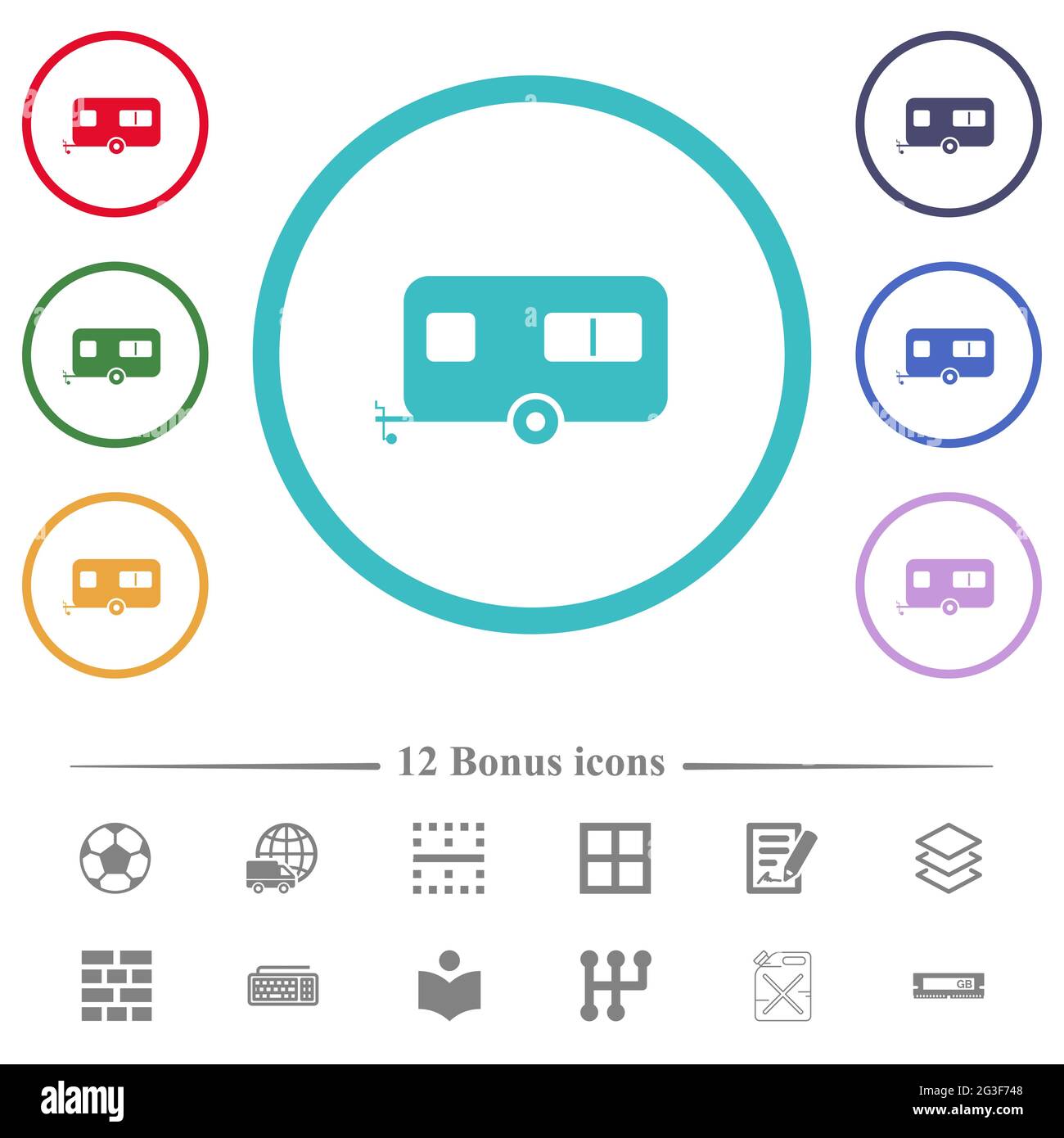 Les icônes de couleur plate de la remorque Caravan sont en forme de cercle. 12 icônes bonus incluses. Illustration de Vecteur
