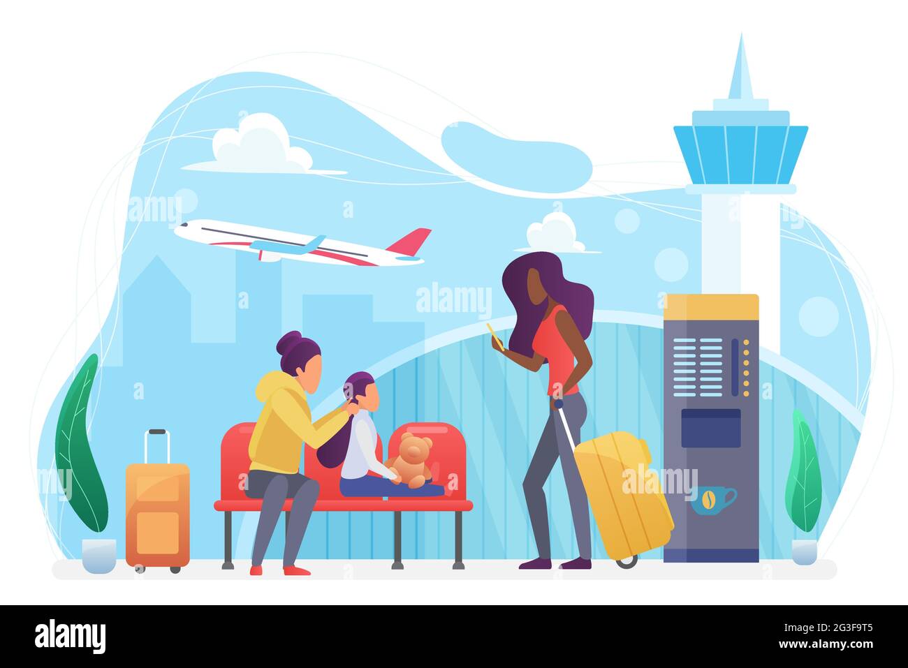 Transport aérien, les gens touristes attendent le vol dans l'illustration moderne de vecteur d'aéroport. Des personnages de la famille de dessins animés se déplacent, attendant dans le hall du hall avec une machine à café isolée sur blanc Illustration de Vecteur