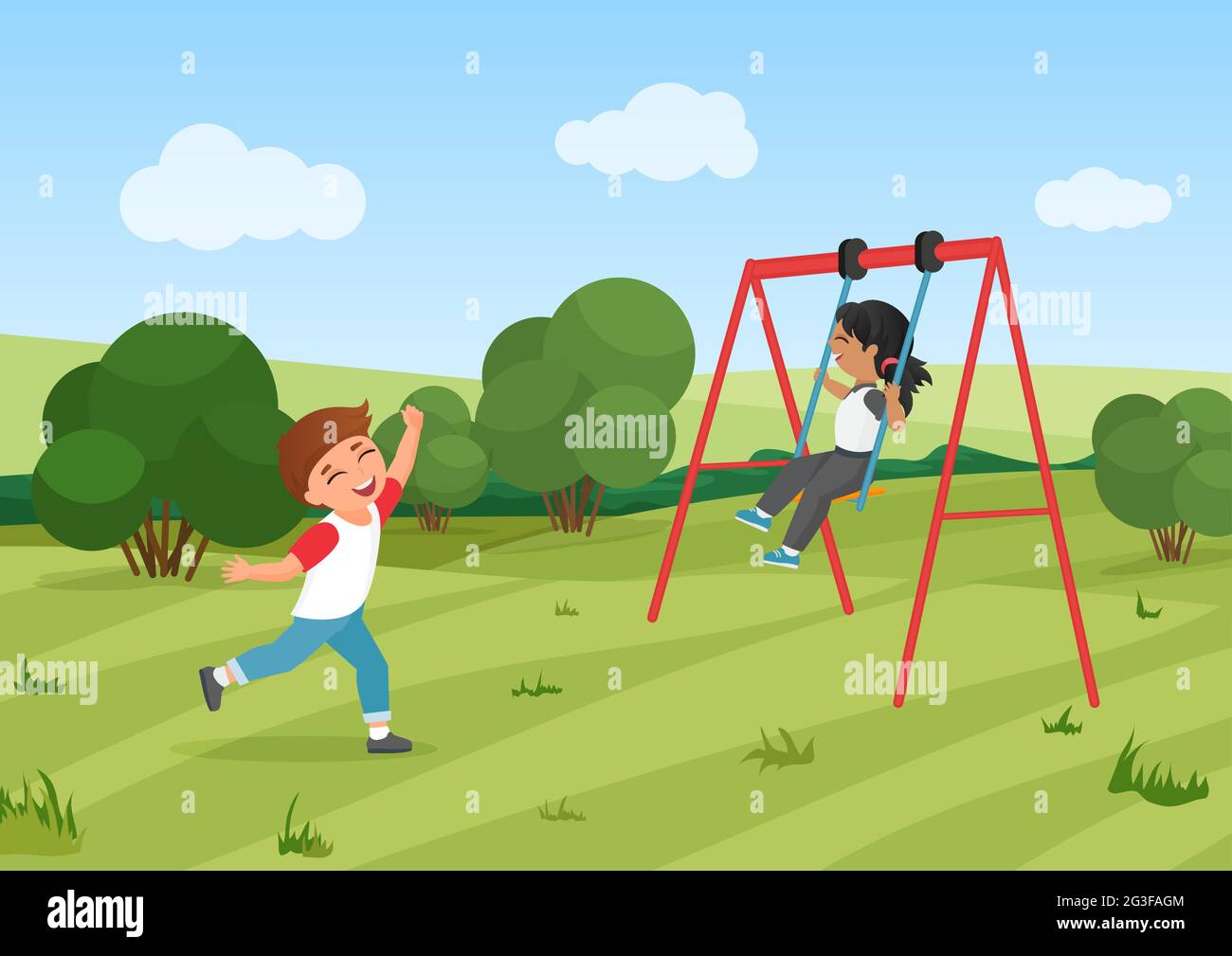 Les enfants heureux font du swing, les enfants d'âge préscolaire jouent dans le parc d'été ensemble illustration vectorielle. Dessin animé drôle petite fille garçon enfants personnages jouant jeu amusant dans le terrain de jeu, l'arrière-plan actif d'exercice Illustration de Vecteur