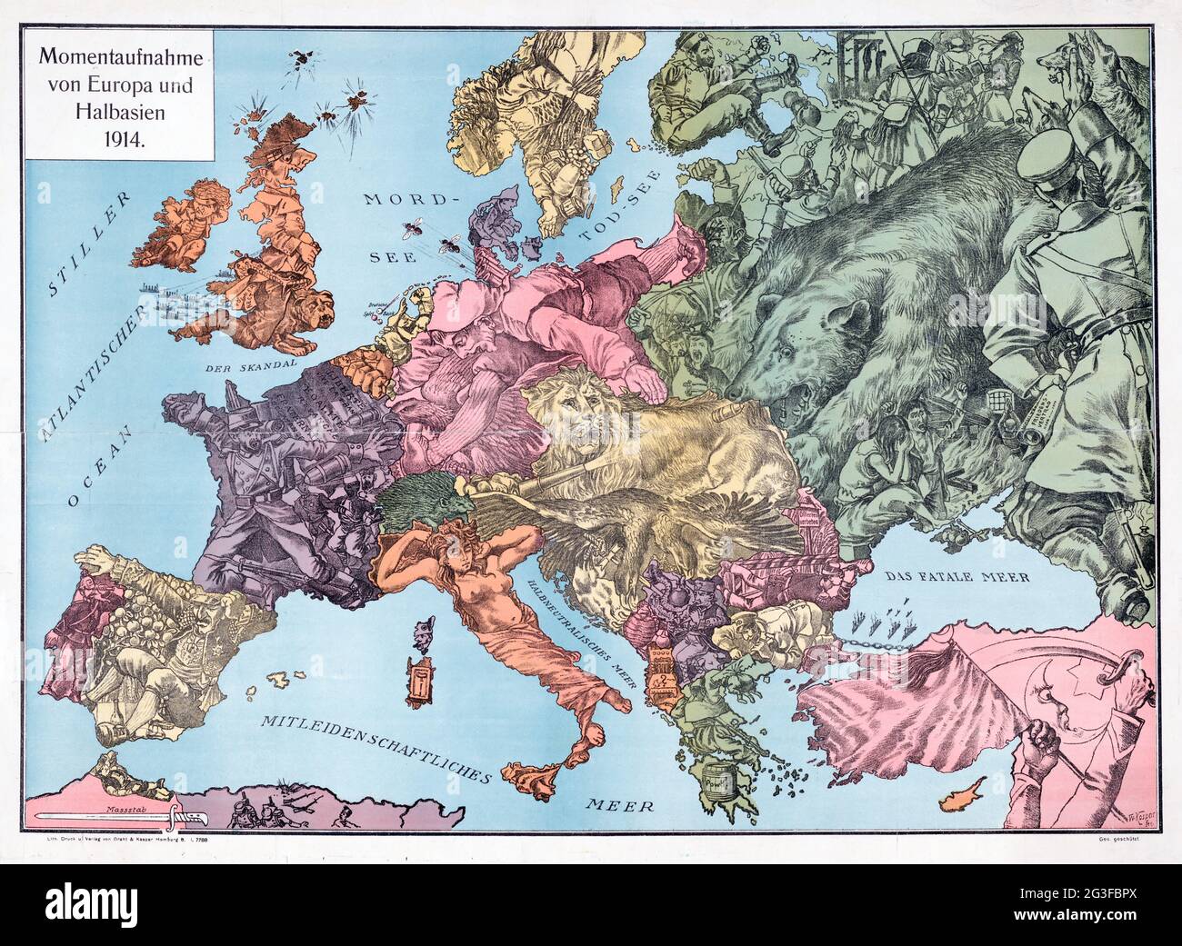 Carte européenne carte satirique Momentaufnahme von Europa und Halbasien 1914 – carte de l'Europe Banque D'Images