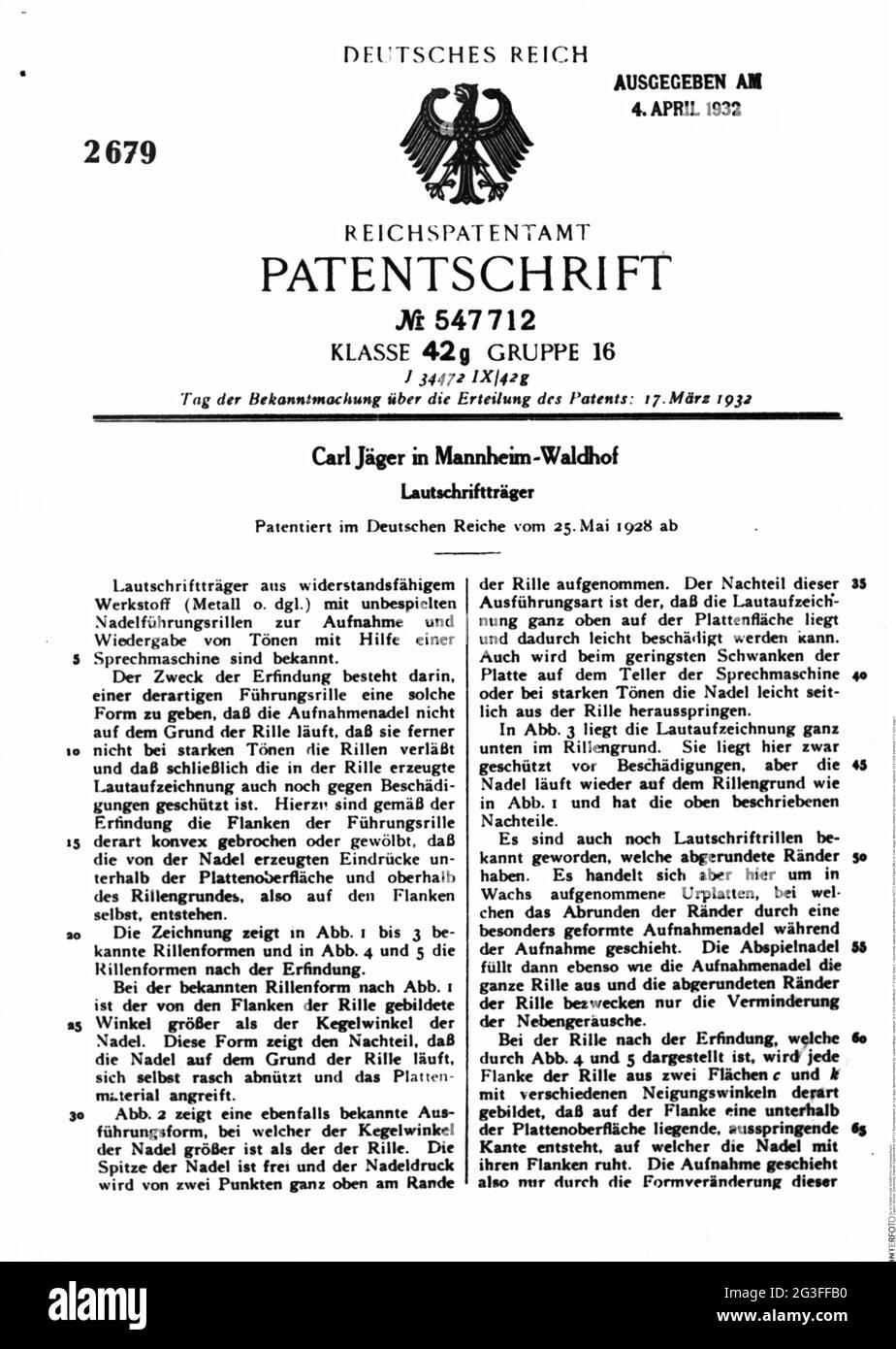 Documents, brevets, fascicule de brevet numéro 547712, Bureau des brevets de Reich, à : Carl Jaeger, LE DROIT D'AUTEUR DE L'ARTISTE NE DOIT PAS ÊTRE AUTORISÉ Banque D'Images