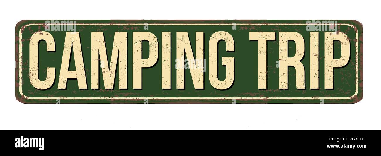 Camping voyage vintage rusty métal signe sur un fond blanc, illustration vectorielle Illustration de Vecteur