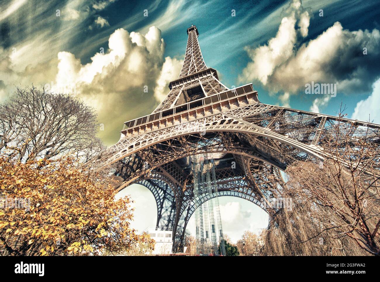 Magnifique vue sur la rue de la Tour Eiffel et la végétation d'hiver - Paris Banque D'Images