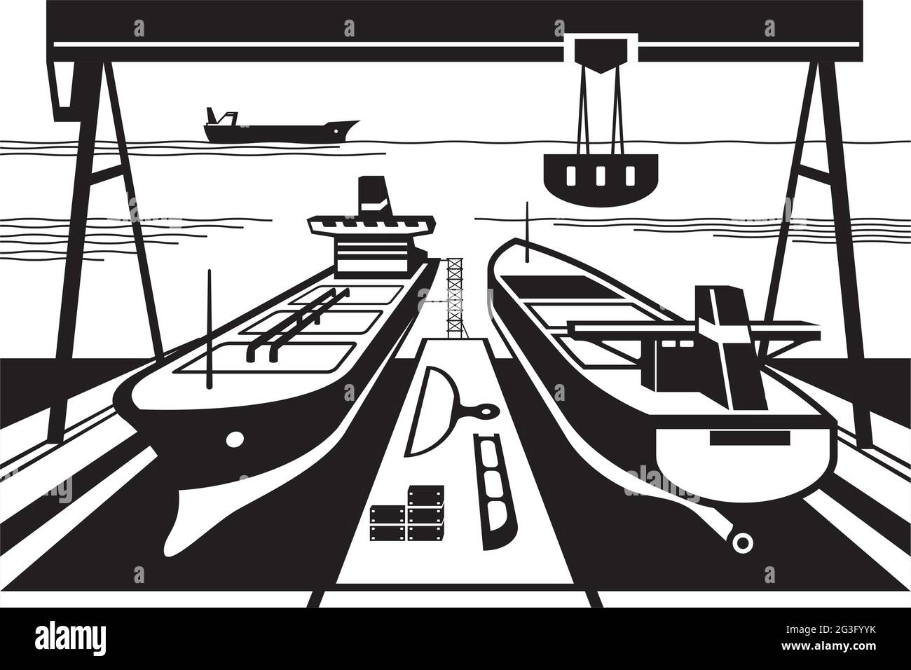 Chantier naval avec quais et grues - illustration vectorielle Illustration de Vecteur