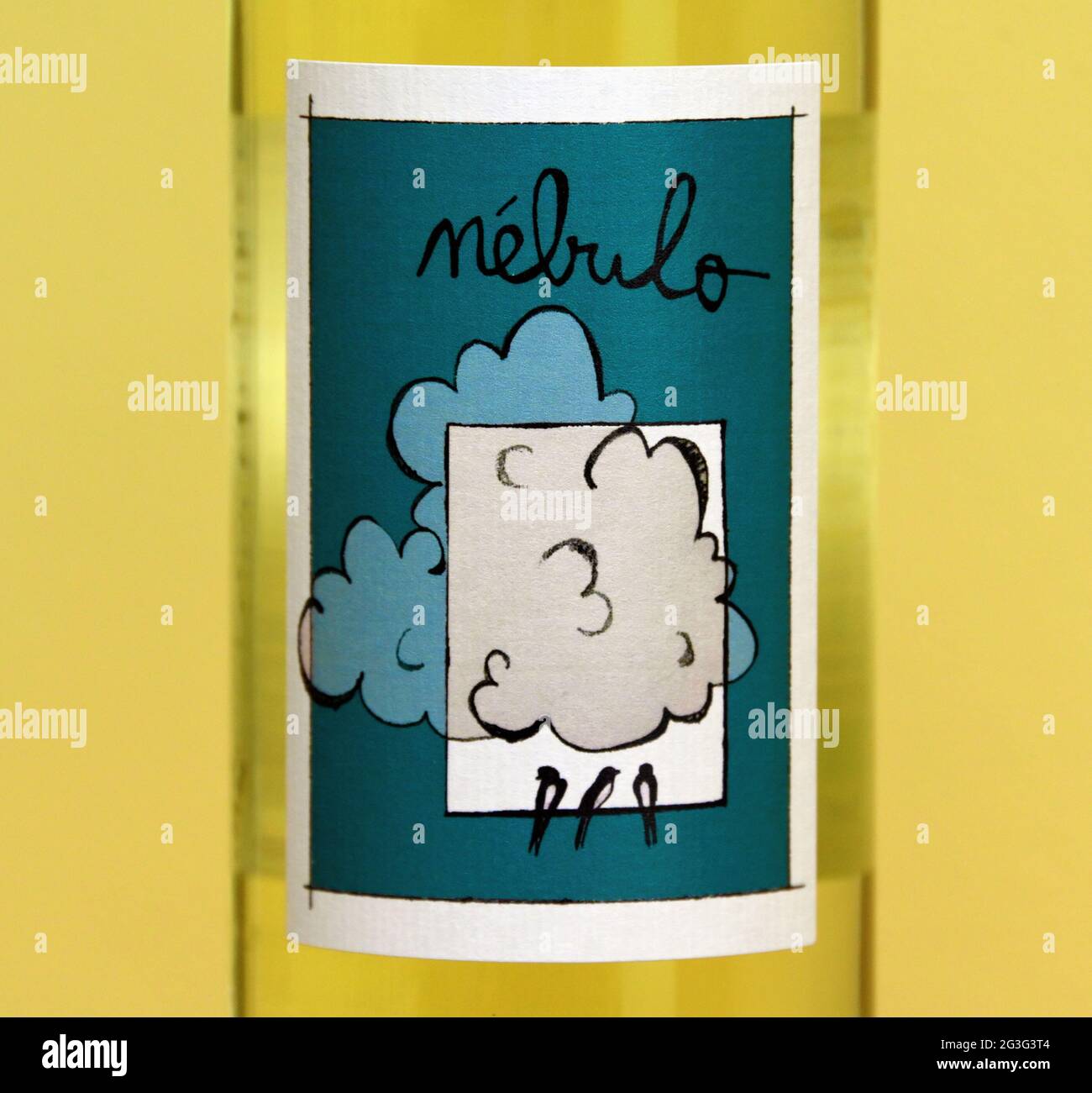 Étiquette de vin. Nebulo 2020. Colline de l'hirondelle. Vin de France-blanc. Roussanne-Grenache gris. Didier Ferrier et Jennifer Buck. Banque D'Images