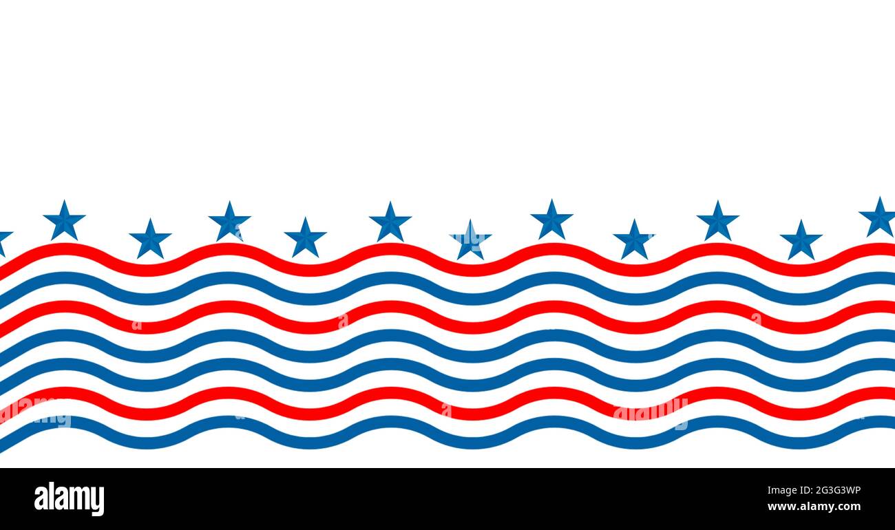 Composition d'étoiles bleues avec étoiles bleues et lignes rouges ondulées de drapeau américain sur fond blanc Banque D'Images