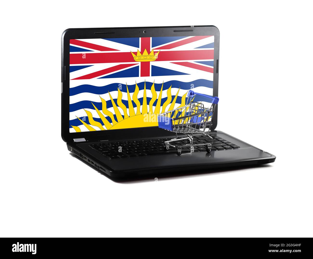 Ordinateur portable isolé sur fond blanc avec drapeau de la Colombie-Britannique exposé, concept de vente en ligne Banque D'Images