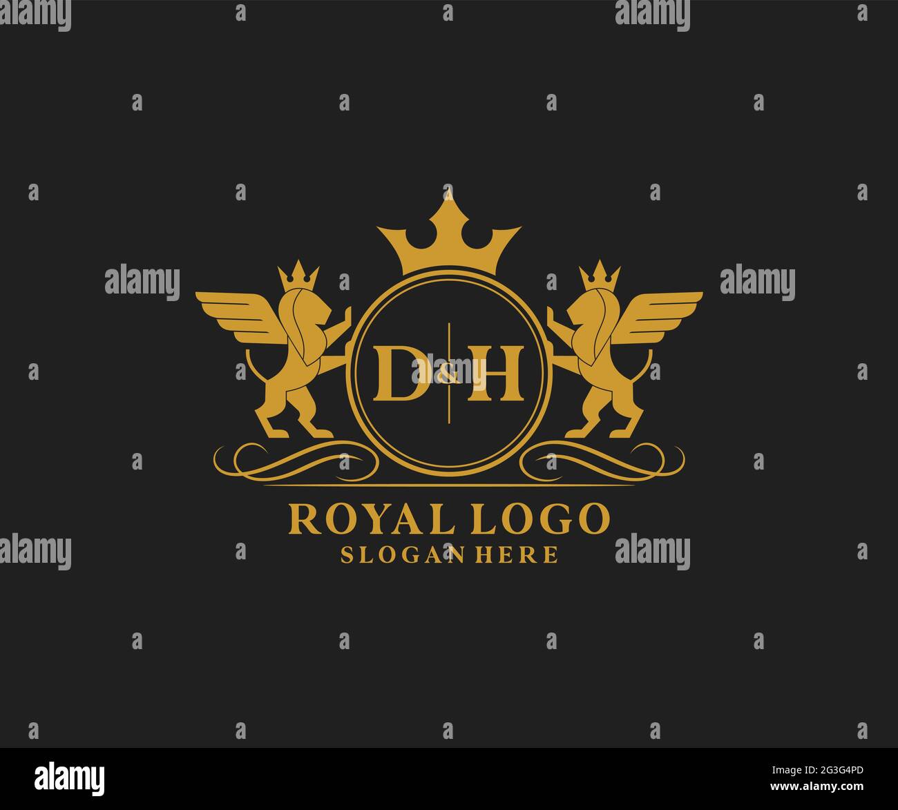 Lettre DH Lion Royal Luxury Heraldic, Crest logo template dans l'art vectoriel pour restaurant, Royalty, Boutique, café, Hôtel, Héraldique, bijoux, mode et Illustration de Vecteur