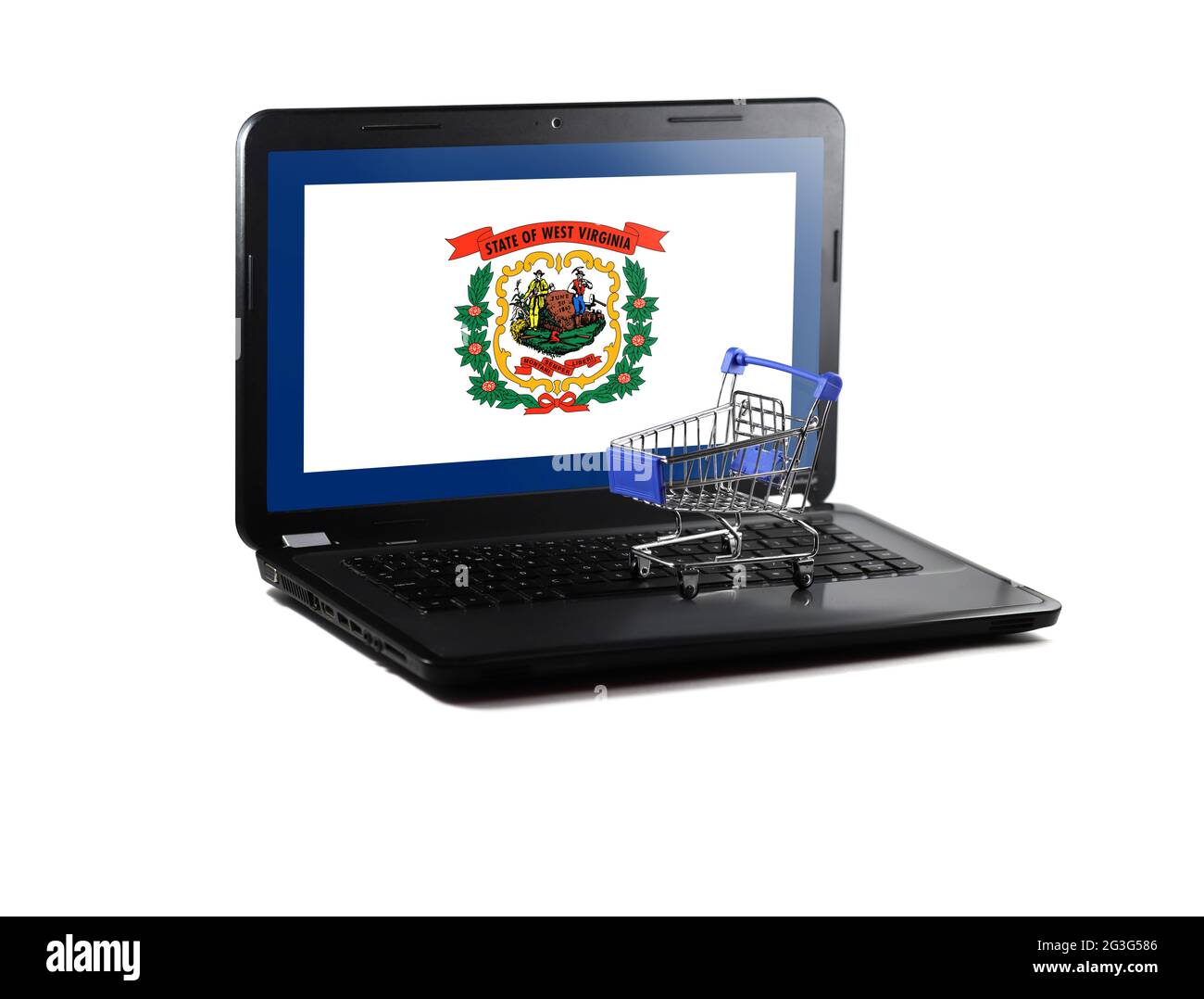 Isolé sur fond blanc ordinateur portable avec drapeau de l'État de Virginie-Occidentale sur l'exposition, vente en ligne de vente concept Banque D'Images