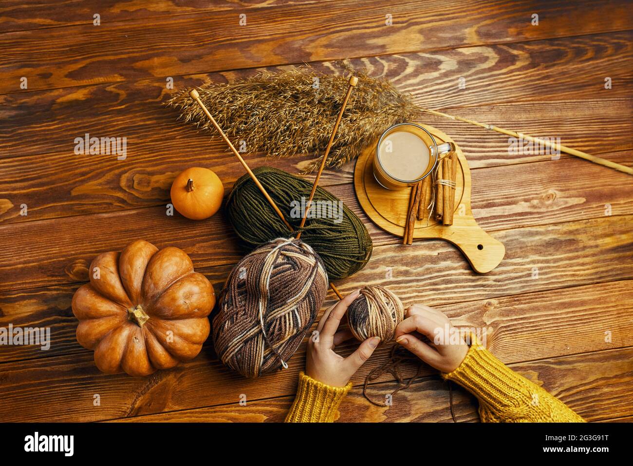 Mains de femmes avec une boule de fil, de citrouille, de café et de roseaux sur fond de bois. Mains dans un chandail orange. Artisanat, passe-temps, vue de dessus. Aiguilles de tricotage en bois en boule de fil. Bâtonnets de cacao et de cannelle. Banque D'Images