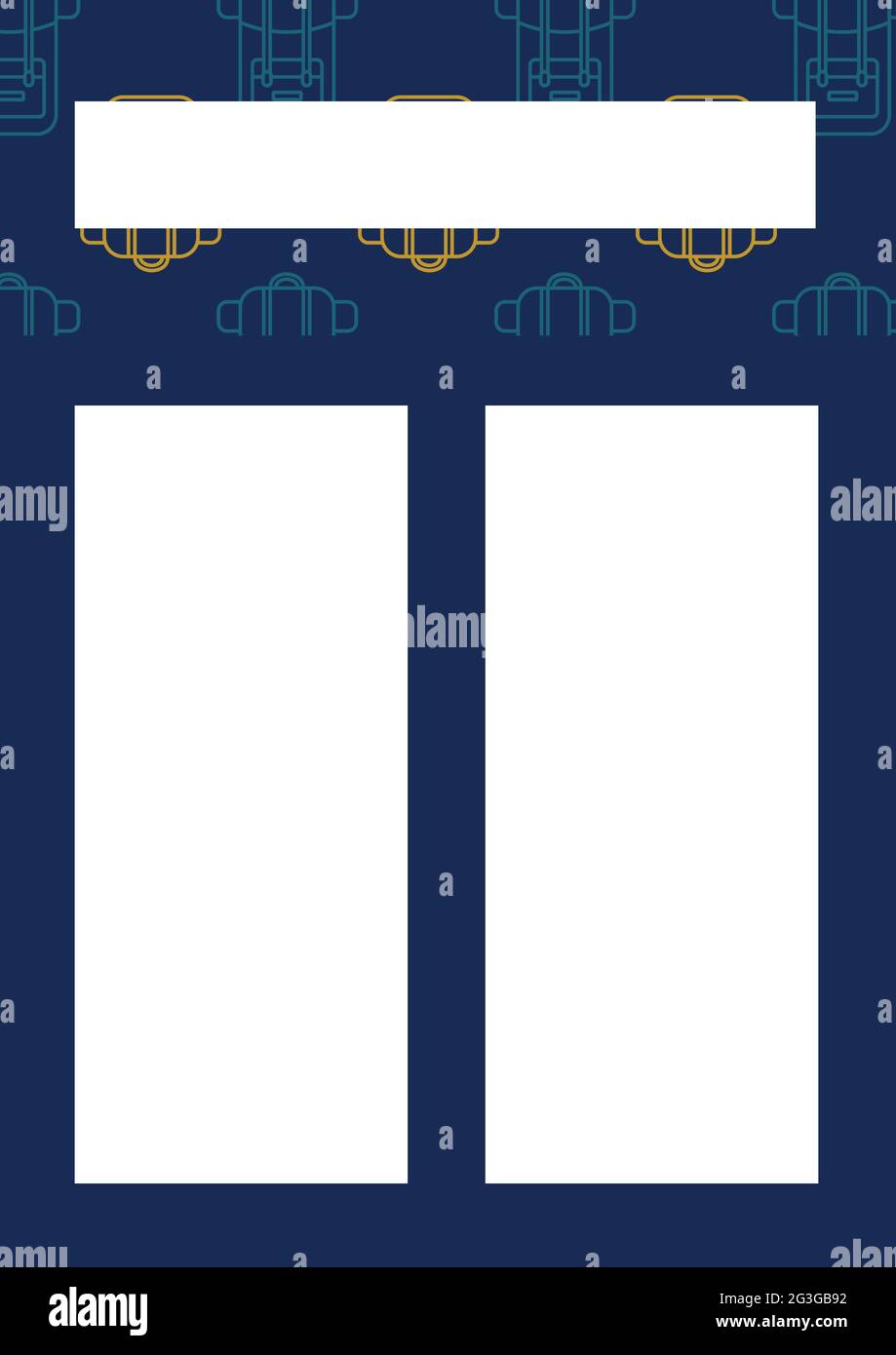 Modèle de voyage avec espace de copie et plusieurs icônes de sac sur fond bleu Banque D'Images