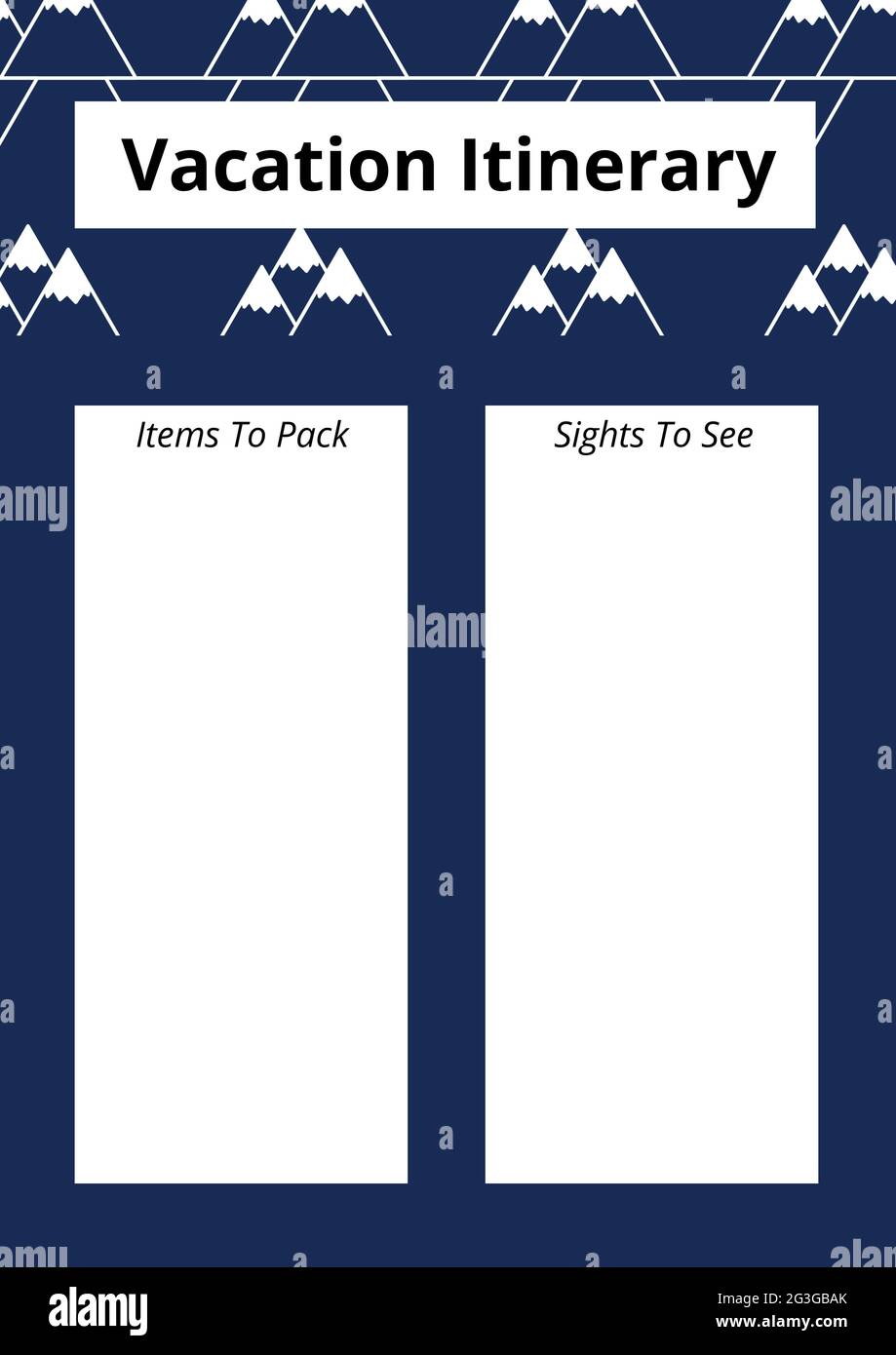 Texte de l'itinéraire de vacances avec espace de copie contre plusieurs icônes de montagnes sur fond bleu Banque D'Images