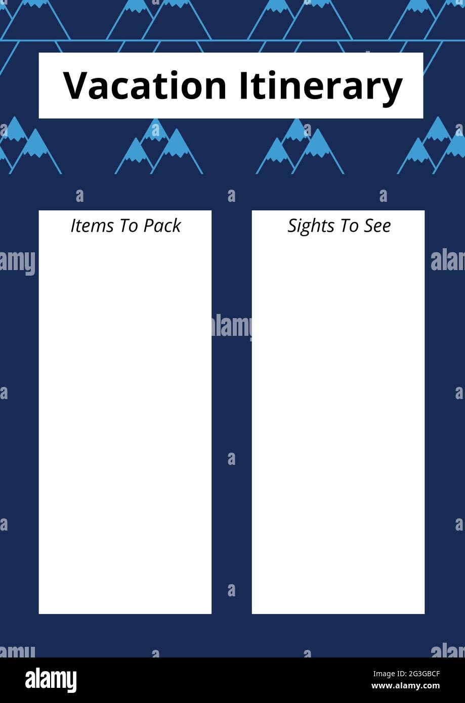 Texte de l'itinéraire de vacances avec espace de copie contre plusieurs icônes de montagnes sur fond bleu Banque D'Images