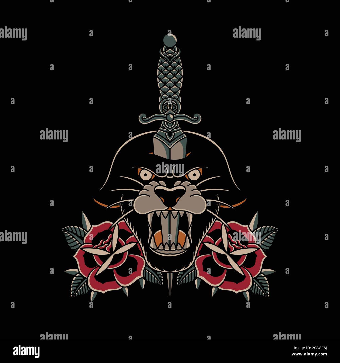 Illustration vecteur dagger tête de lion style traditionnel tatouage Illustration de Vecteur